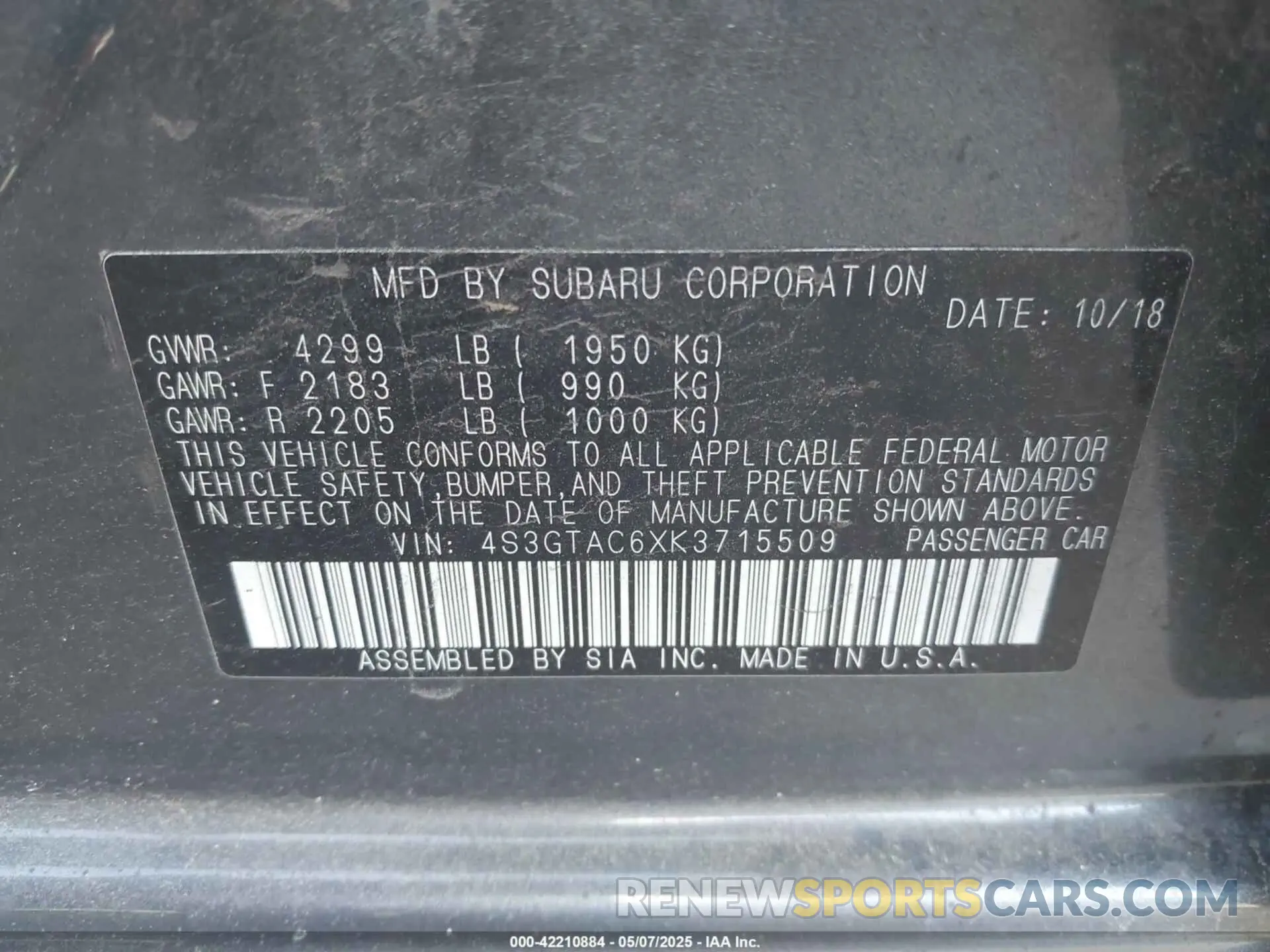 9 Photograph of a damaged car 4S3GTAC6XK3715509 SUBARU IMPREZA 2019