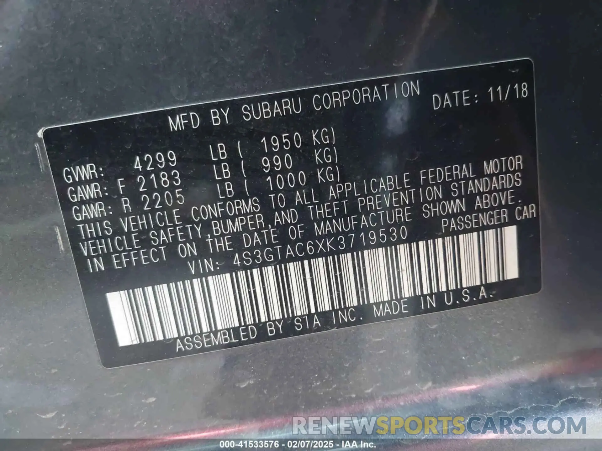 9 Photograph of a damaged car 4S3GTAC6XK3719530 SUBARU IMPREZA 2019