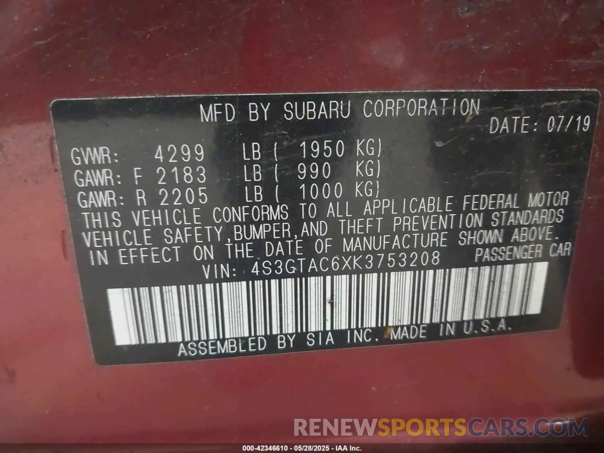 9 Photograph of a damaged car 4S3GTAC6XK3753208 SUBARU IMPREZA 2019