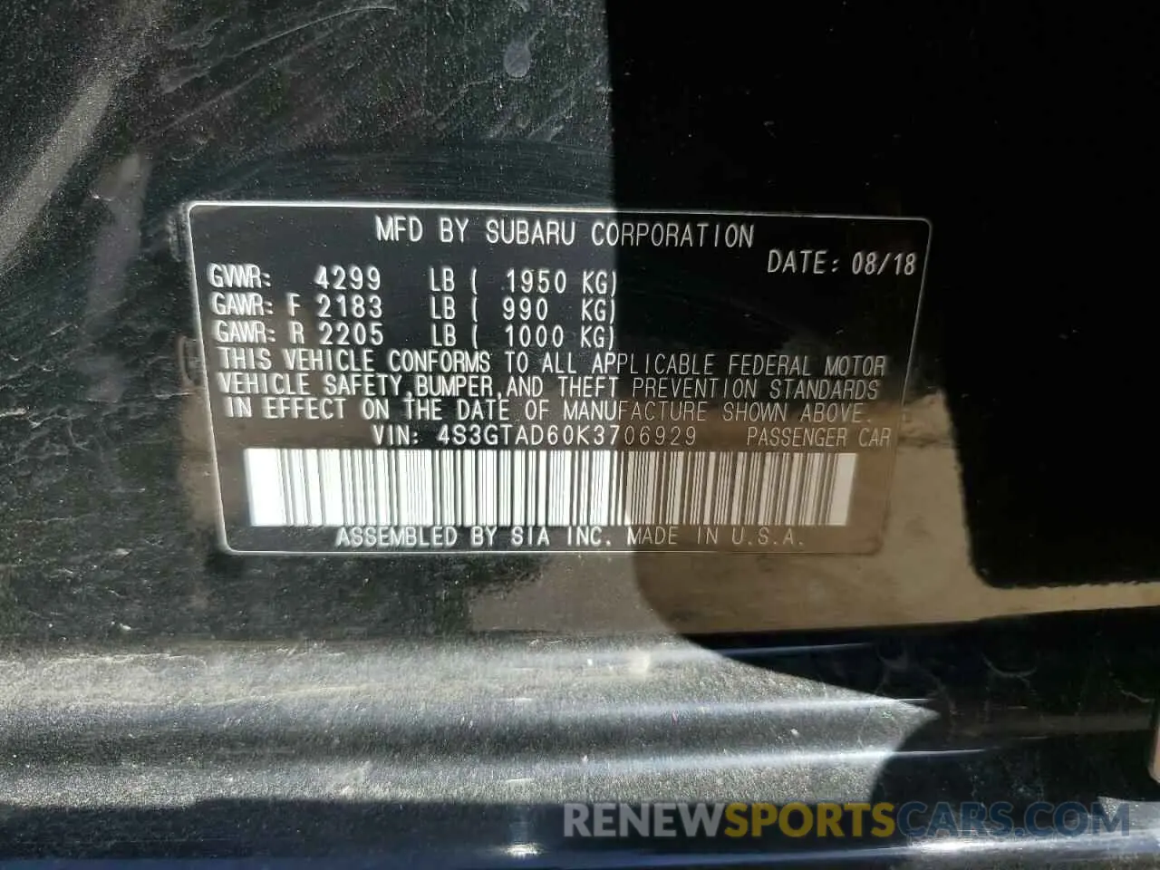12 Photograph of a damaged car 4S3GTAD60K3706929 SUBARU IMPREZA 2019