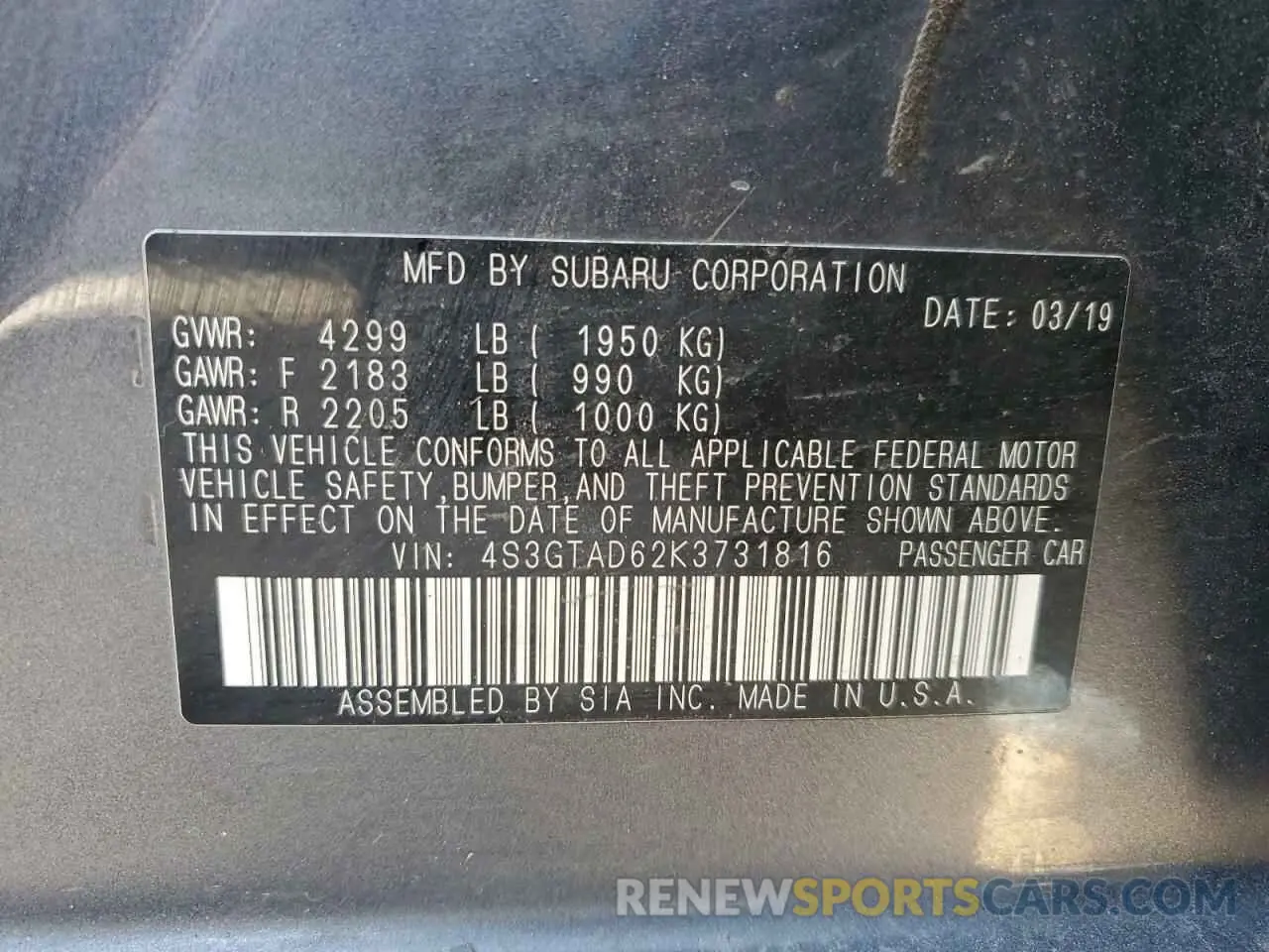 13 Photograph of a damaged car 4S3GTAD62K3731816 SUBARU IMPREZA 2019