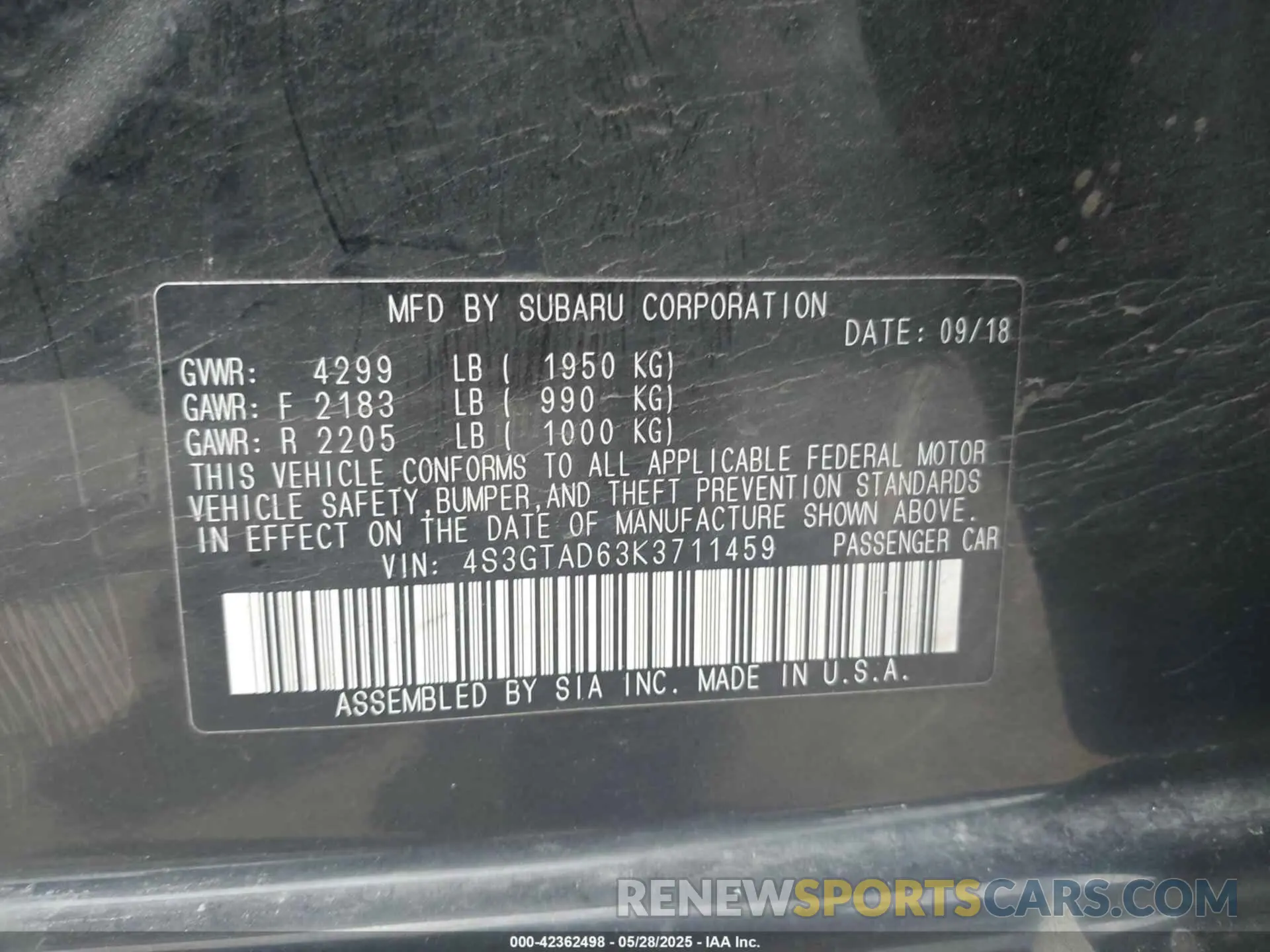 9 Photograph of a damaged car 4S3GTAD63K3711459 SUBARU IMPREZA 2019
