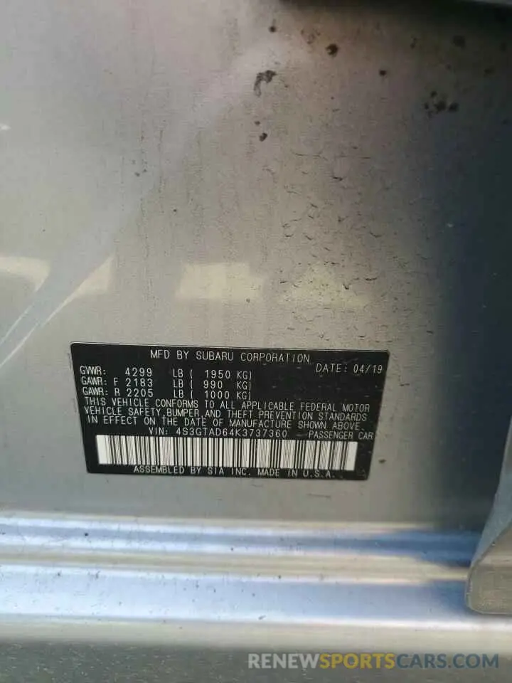 12 Photograph of a damaged car 4S3GTAD64K3737360 SUBARU IMPREZA 2019