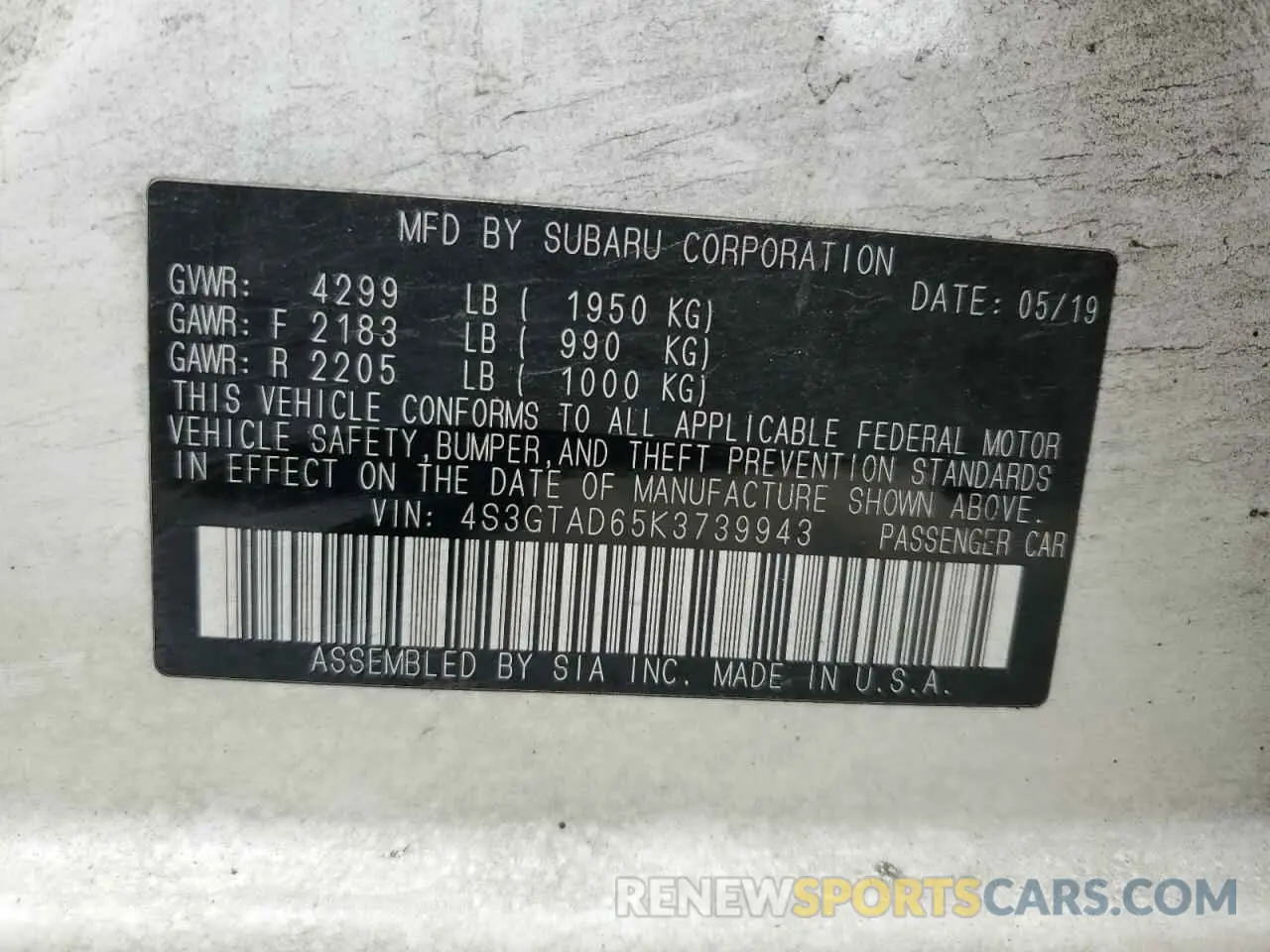 12 Photograph of a damaged car 4S3GTAD65K3739943 SUBARU IMPREZA 2019