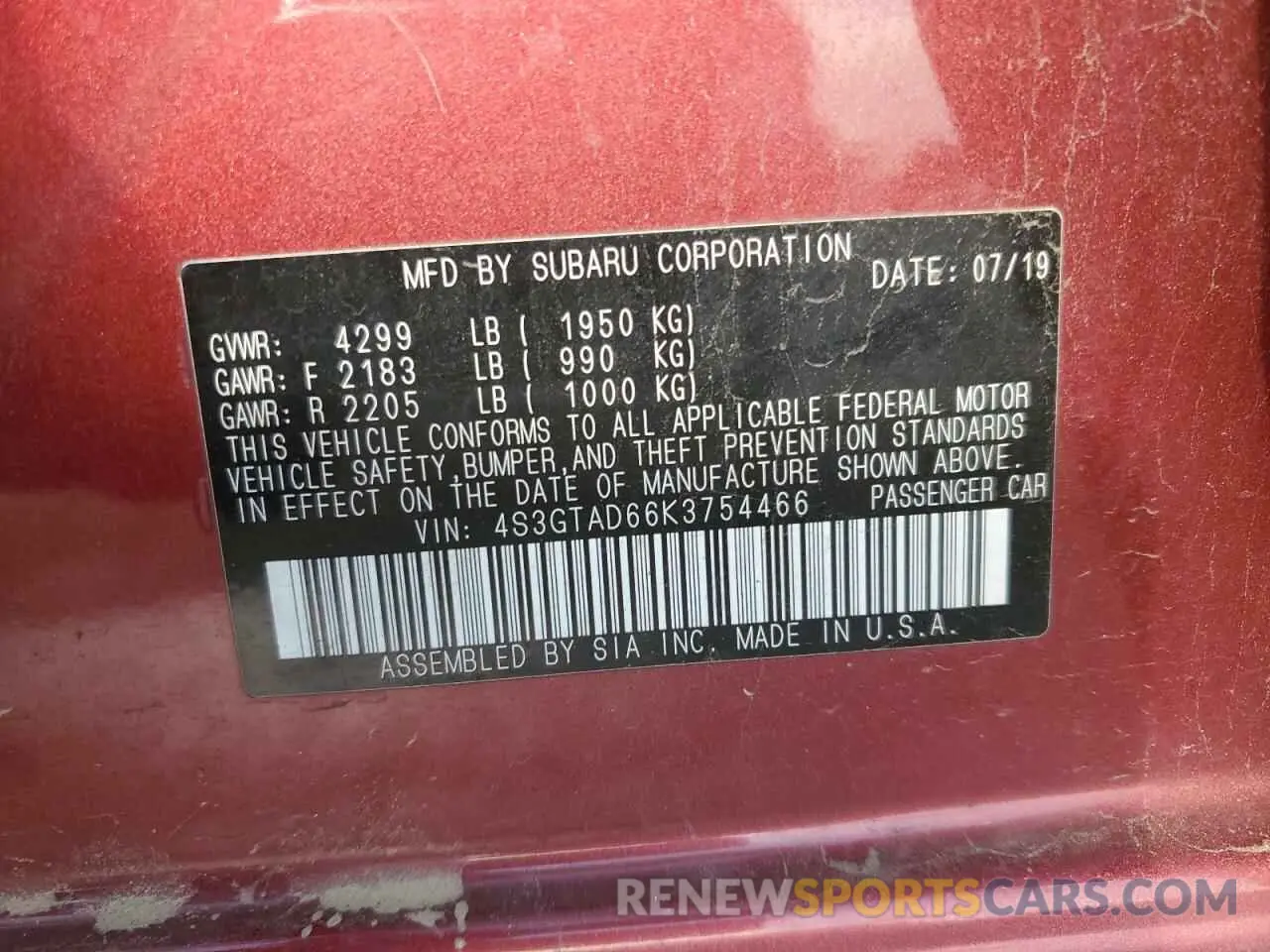 12 Photograph of a damaged car 4S3GTAD66K3754466 SUBARU IMPREZA 2019