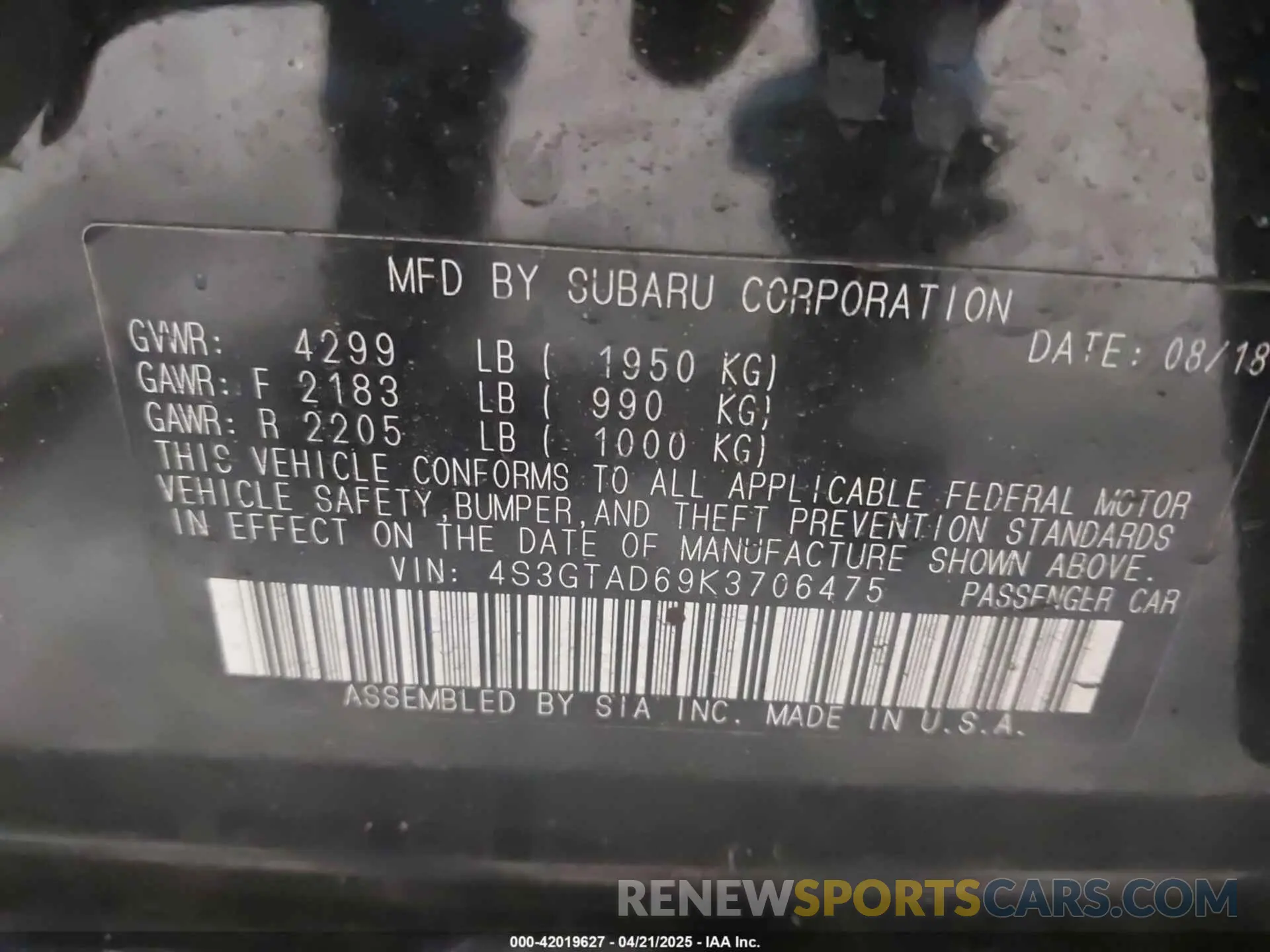 9 Photograph of a damaged car 4S3GTAD69K3706475 SUBARU IMPREZA 2019