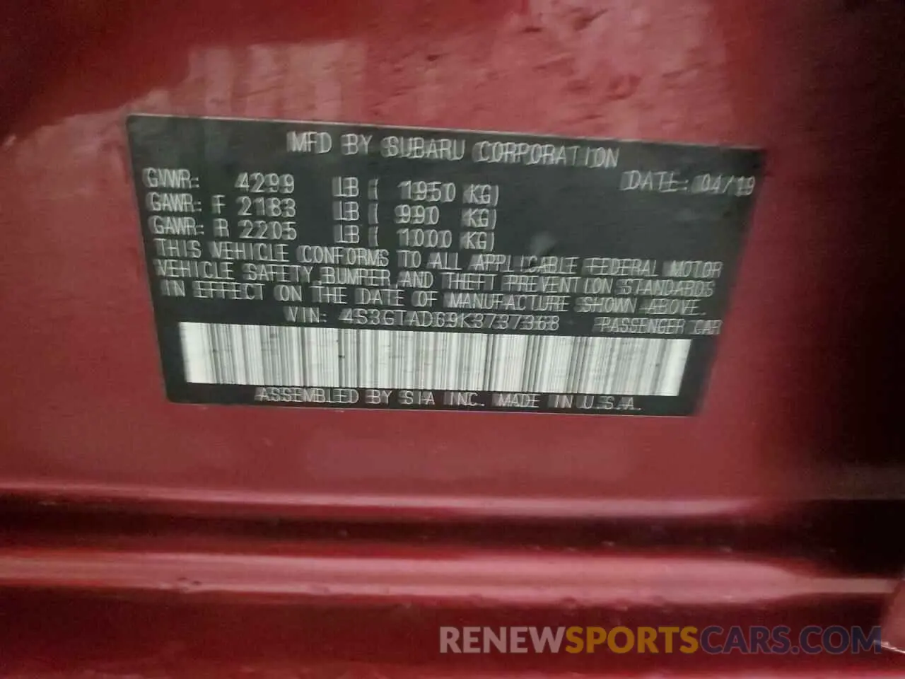 12 Photograph of a damaged car 4S3GTAD69K3737368 SUBARU IMPREZA 2019