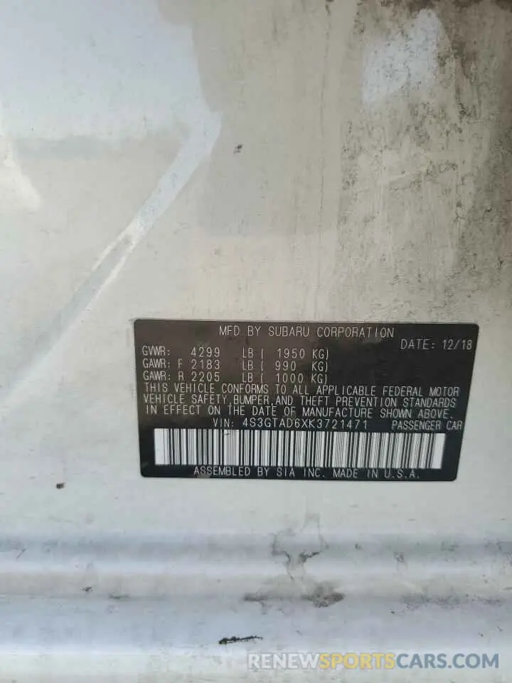 12 Photograph of a damaged car 4S3GTAD6XK3721471 SUBARU IMPREZA 2019
