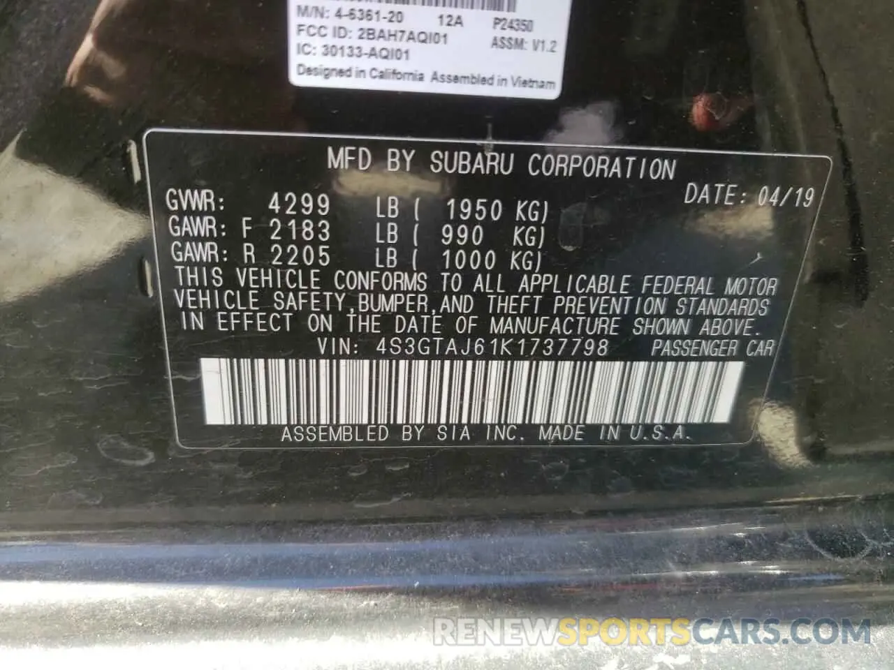 13 Photograph of a damaged car 4S3GTAJ61K1737798 SUBARU IMPREZA 2019