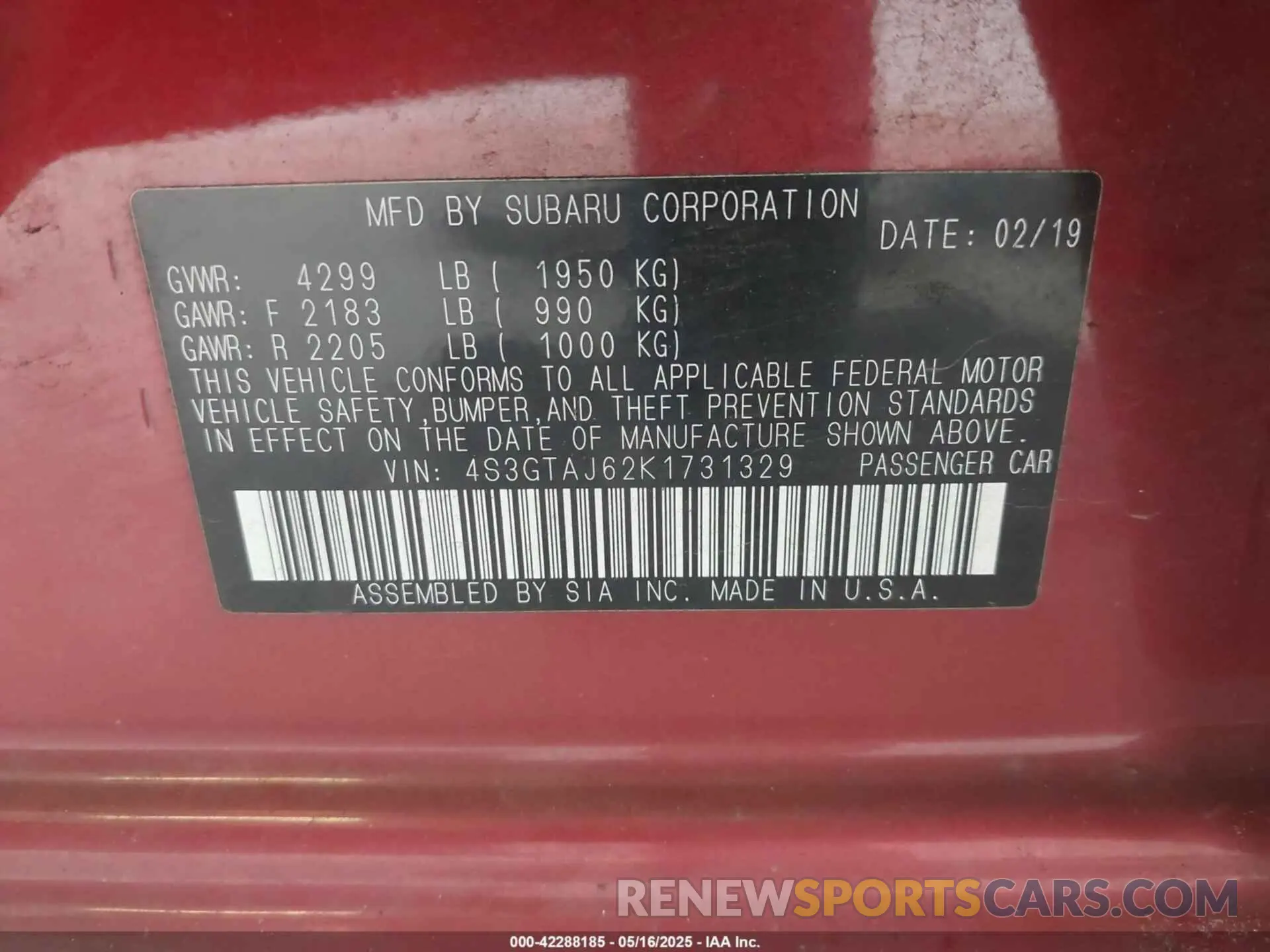 9 Photograph of a damaged car 4S3GTAJ62K1731329 SUBARU IMPREZA 2019