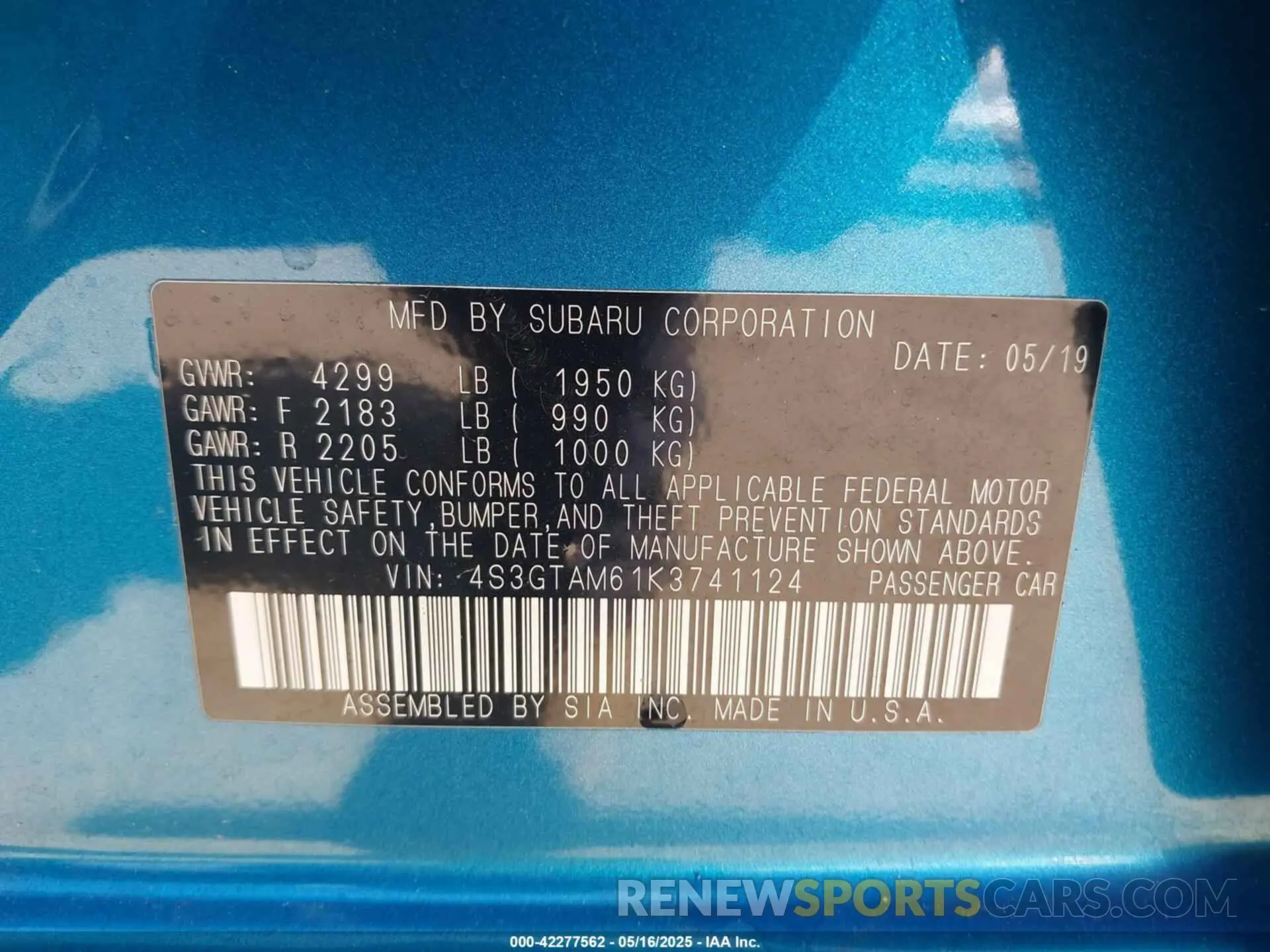 9 Photograph of a damaged car 4S3GTAM61K3741124 SUBARU IMPREZA 2019