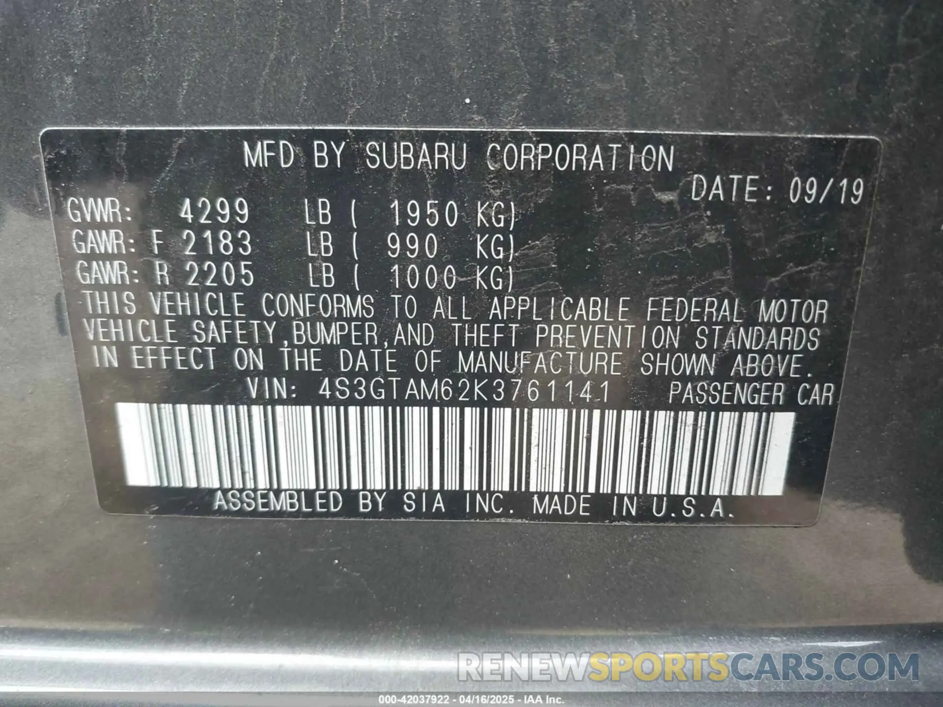 9 Photograph of a damaged car 4S3GTAM62K3761141 SUBARU IMPREZA 2019
