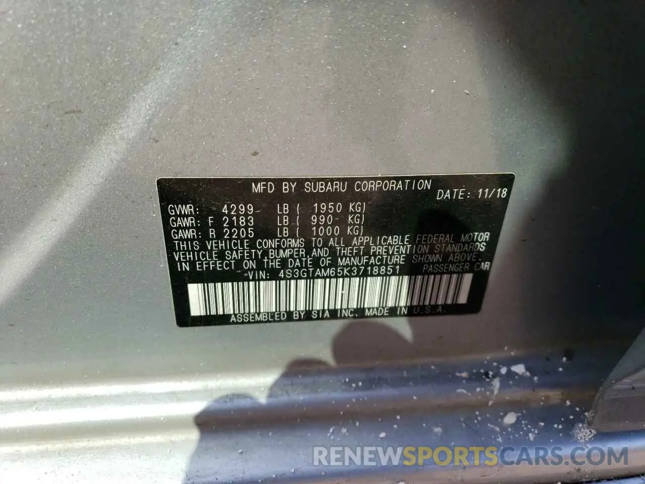 12 Photograph of a damaged car 4S3GTAM65K3718851 SUBARU IMPREZA 2019