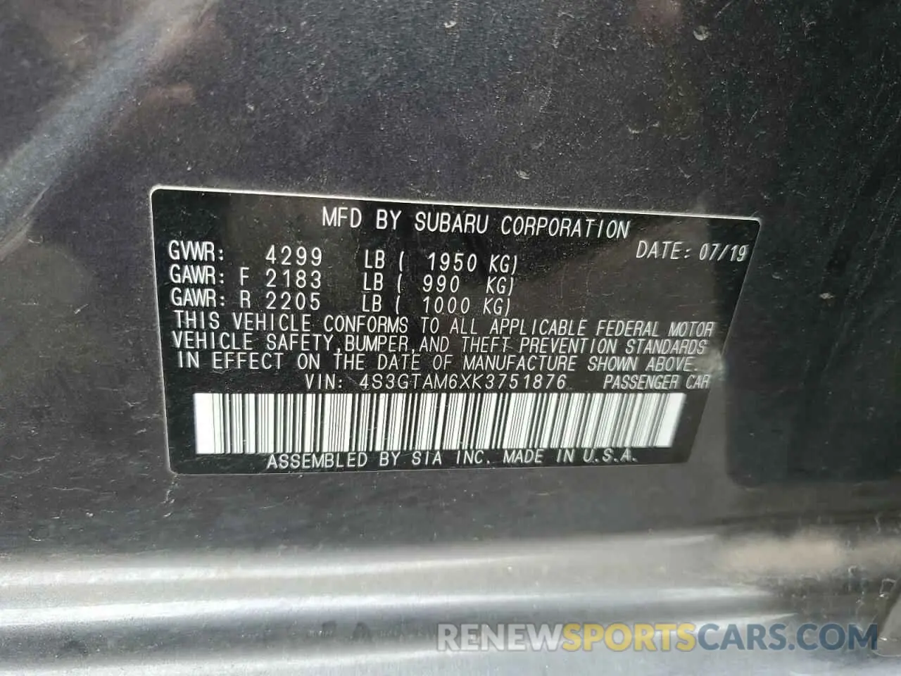 12 Photograph of a damaged car 4S3GTAM6XK3751876 SUBARU IMPREZA 2019