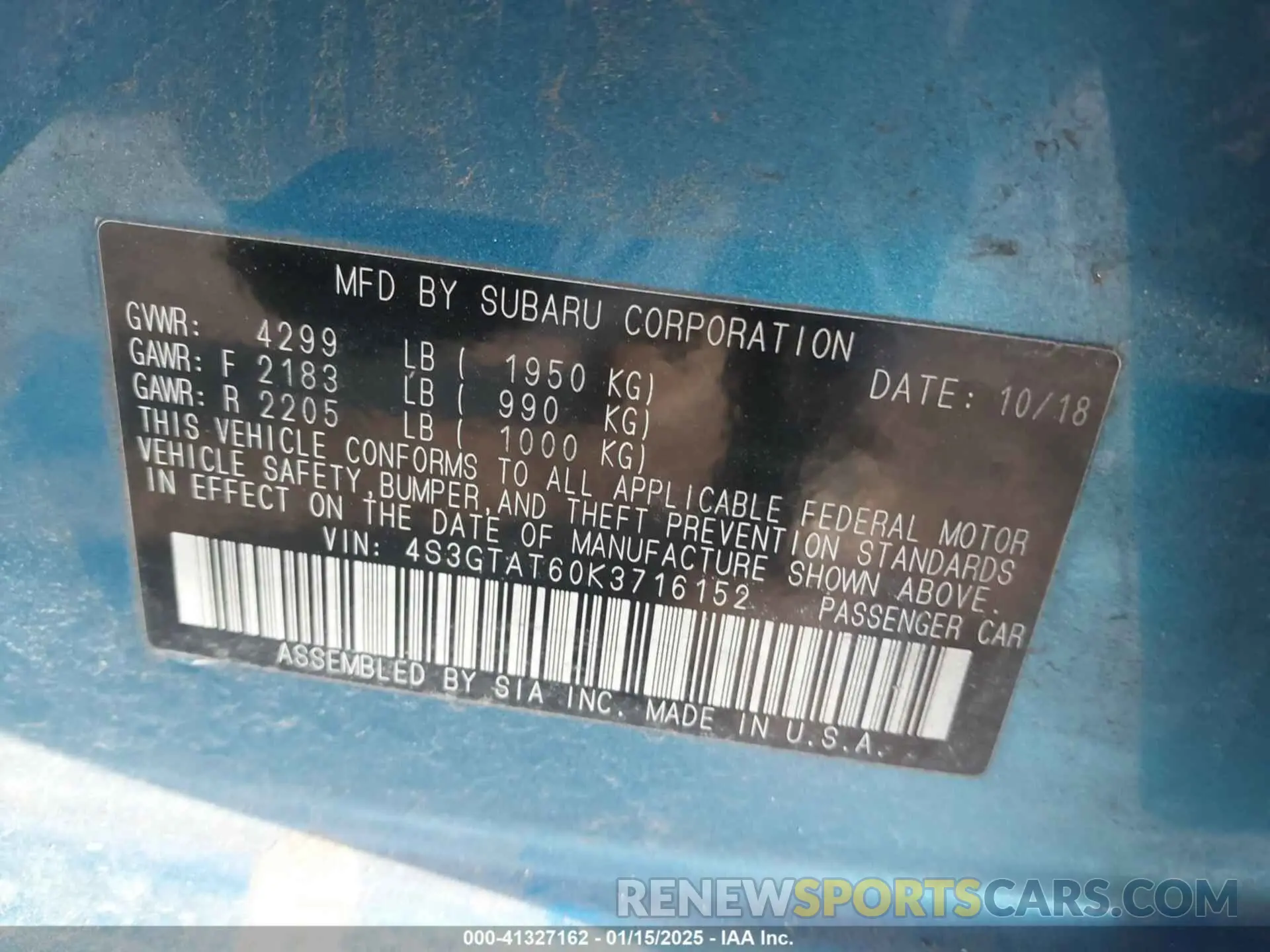 8 Photograph of a damaged car 4S3GTAT60K3716152 SUBARU IMPREZA 2019