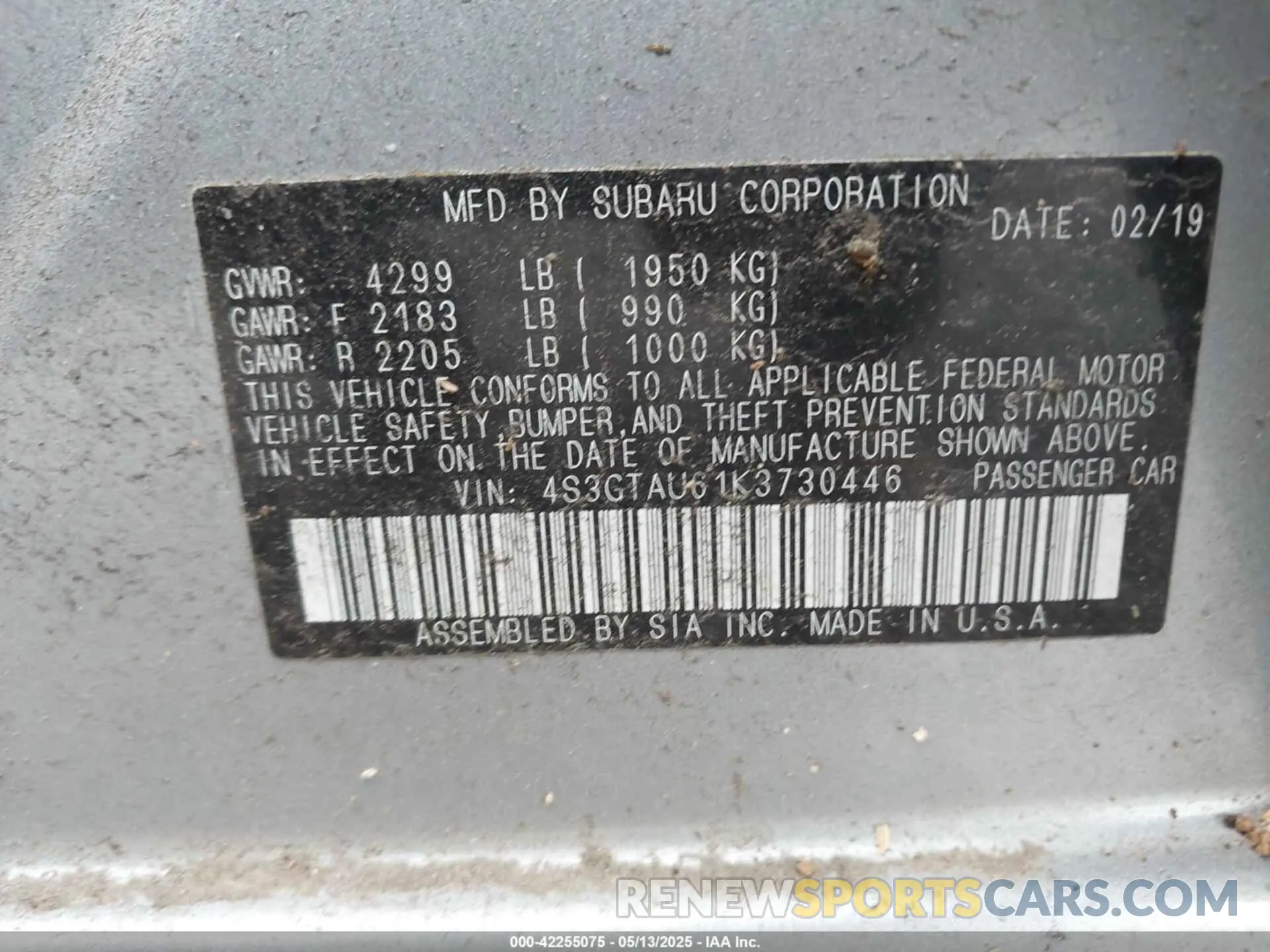 9 Photograph of a damaged car 4S3GTAU61K3730446 SUBARU IMPREZA 2019
