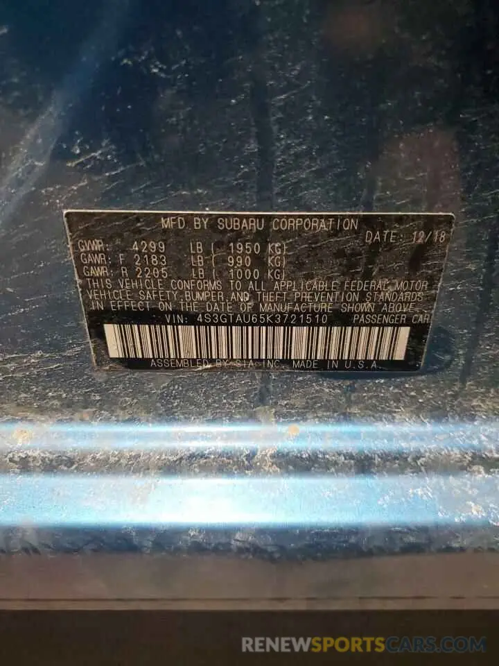 12 Photograph of a damaged car 4S3GTAU65K3721510 SUBARU IMPREZA 2019