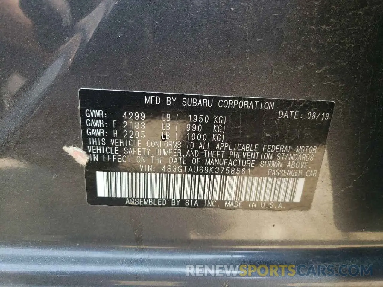 12 Photograph of a damaged car 4S3GTAU69K3758561 SUBARU IMPREZA 2019