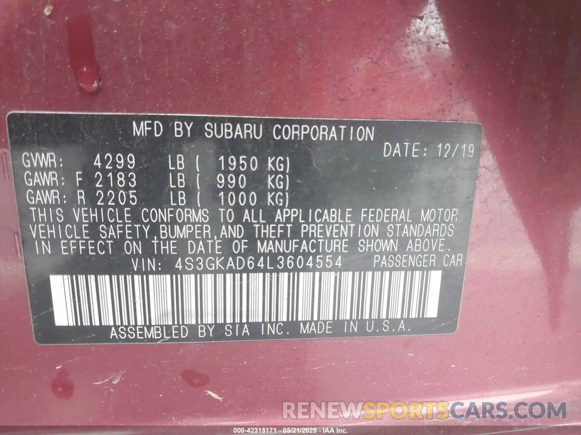 9 Photograph of a damaged car 4S3GKAD64L3604554 SUBARU IMPREZA 2020