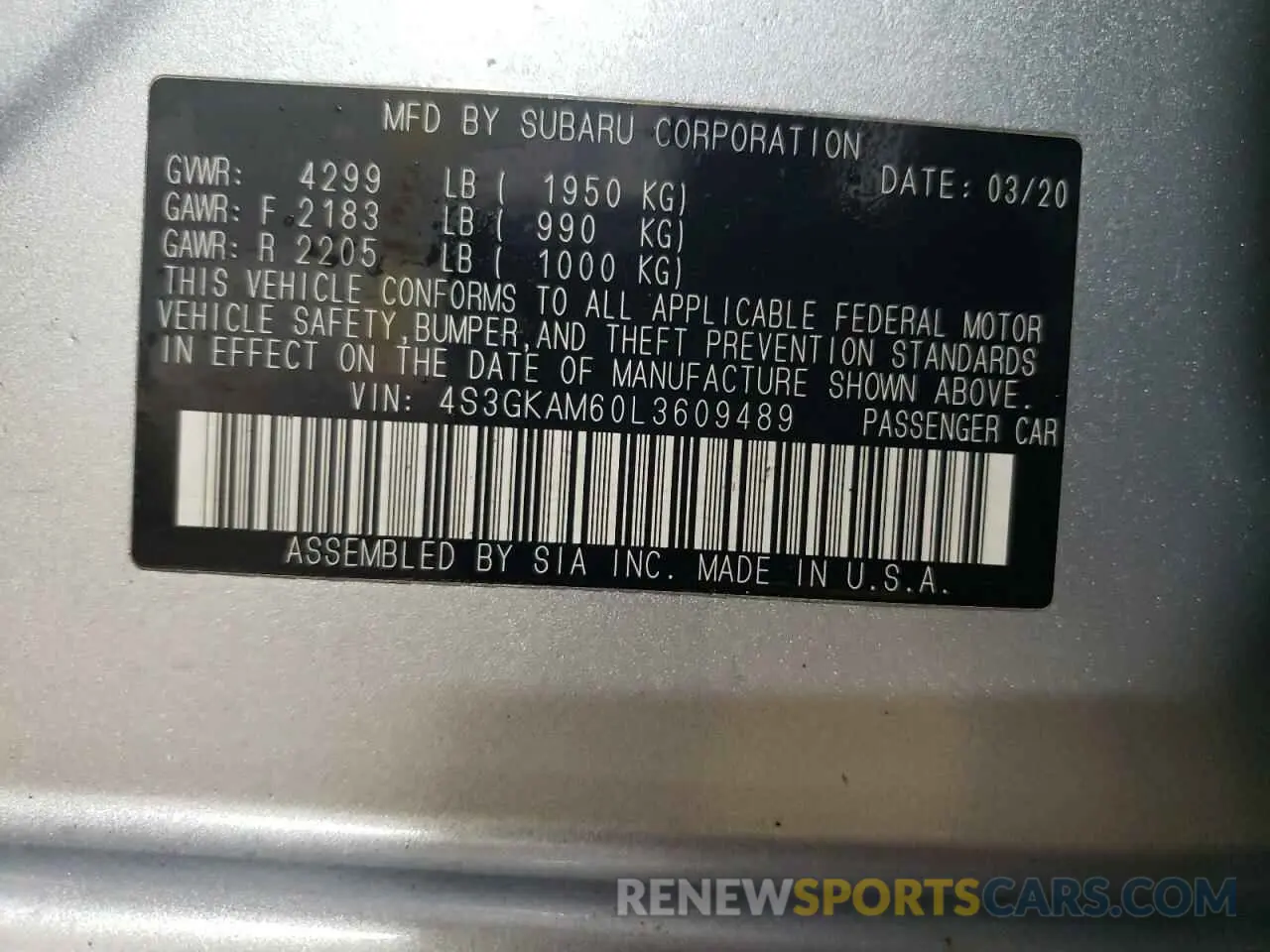 12 Photograph of a damaged car 4S3GKAM60L3609489 SUBARU IMPREZA 2020
