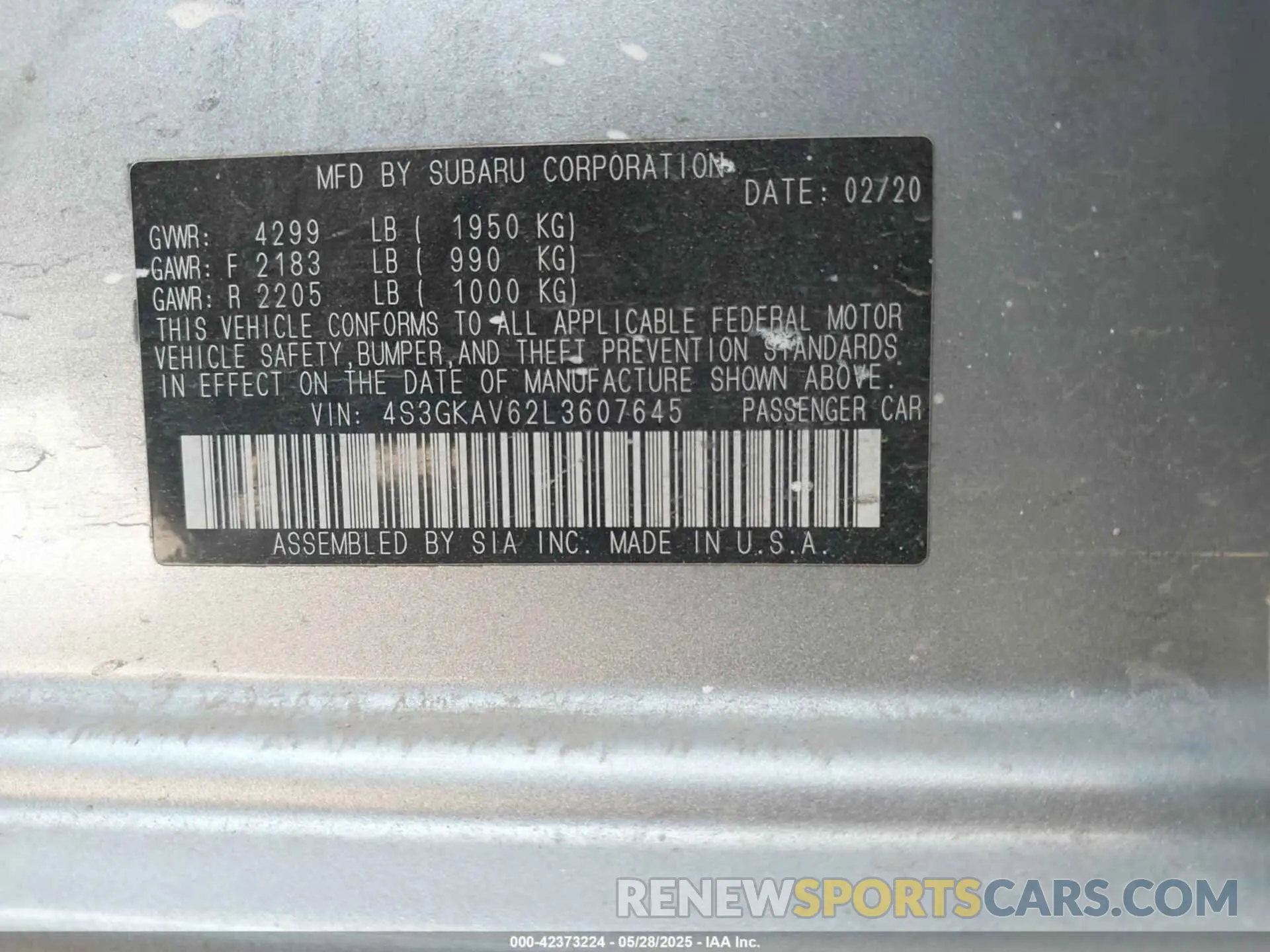 8 Photograph of a damaged car 4S3GKAV62L3607645 SUBARU IMPREZA 2020