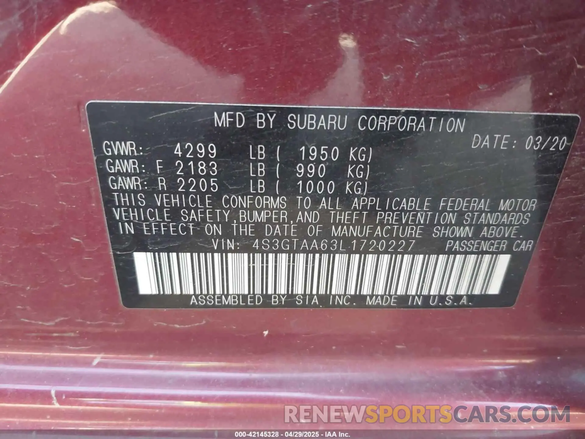9 Photograph of a damaged car 4S3GTAA63L1720227 SUBARU IMPREZA 2020