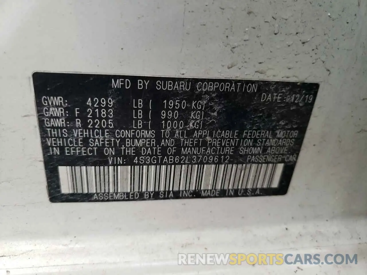 12 Photograph of a damaged car 4S3GTAB62L3709612 SUBARU IMPREZA 2020