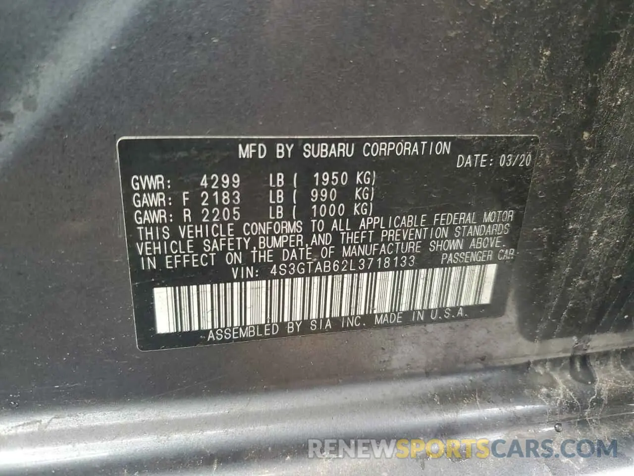 12 Photograph of a damaged car 4S3GTAB62L3718133 SUBARU IMPREZA 2020
