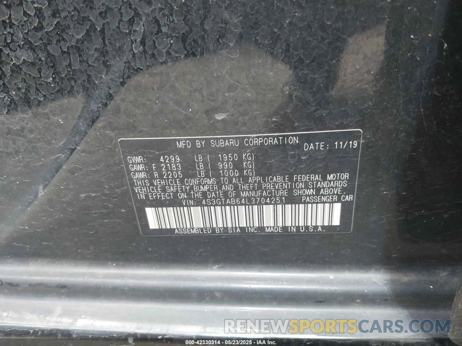 9 Photograph of a damaged car 4S3GTAB64L3704251 SUBARU IMPREZA 2020