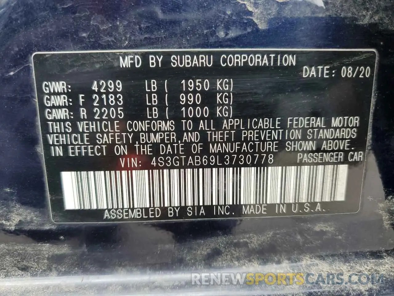 13 Photograph of a damaged car 4S3GTAB69L3730778 SUBARU IMPREZA 2020