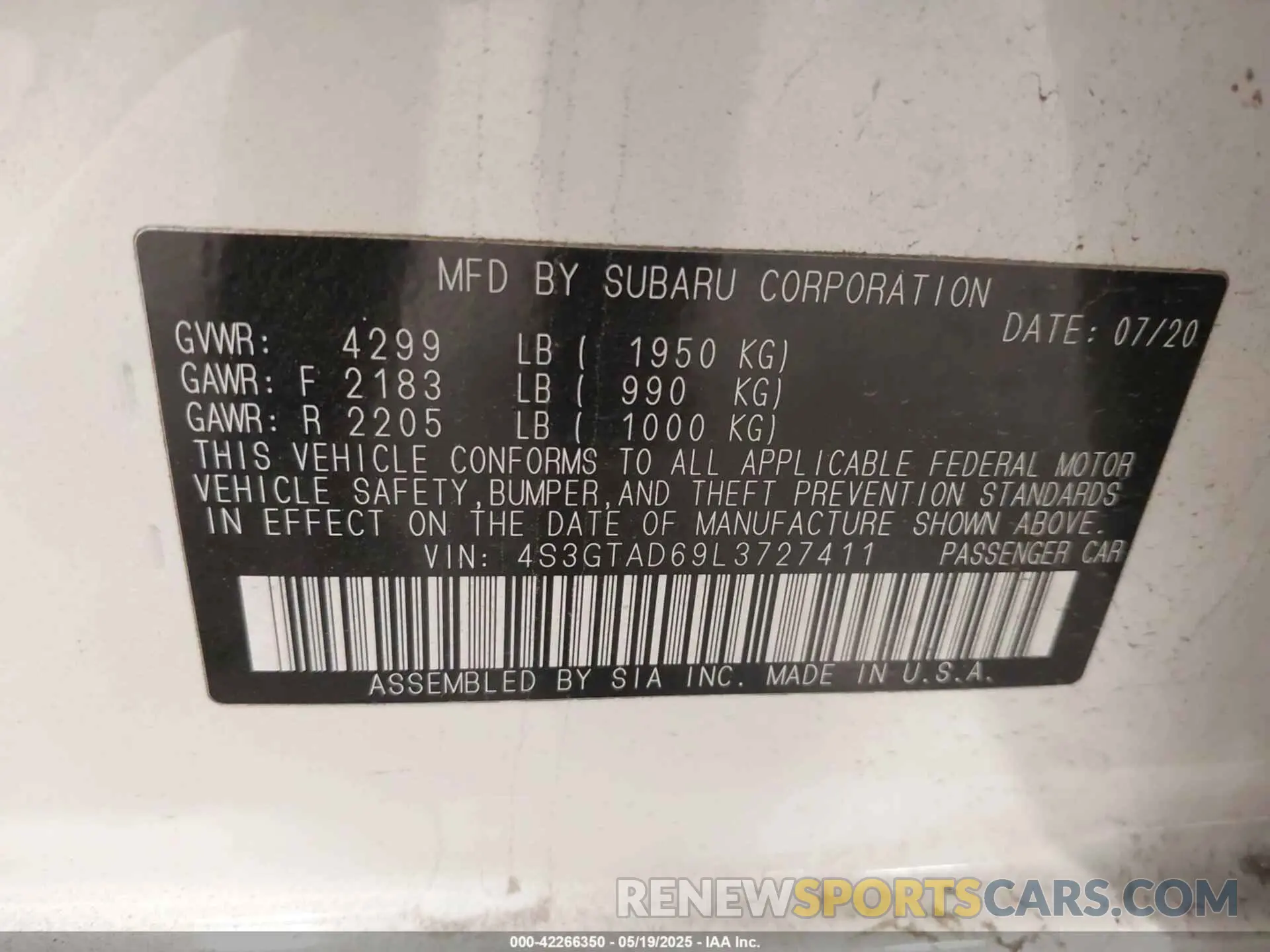 9 Photograph of a damaged car 4S3GTAD69L3727411 SUBARU IMPREZA 2020