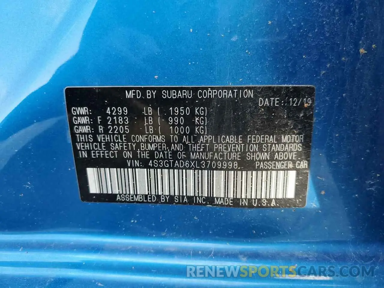 13 Photograph of a damaged car 4S3GTAD6XL3709998 SUBARU IMPREZA 2020