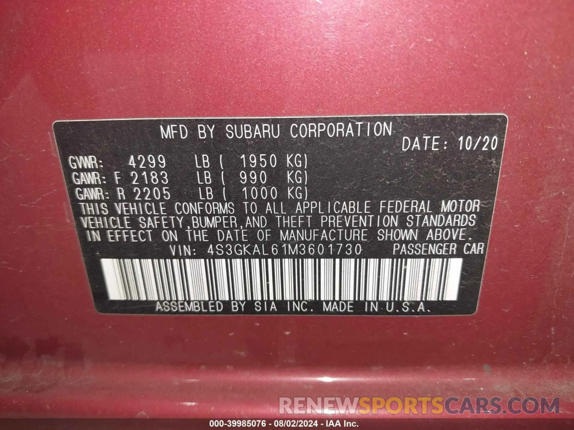 9 Photograph of a damaged car 4S3GKAL61M3601730 SUBARU IMPREZA 2021