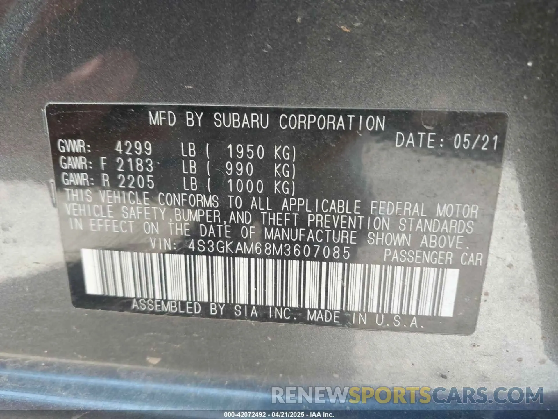 9 Photograph of a damaged car 4S3GKAM68M3607085 SUBARU IMPREZA 2021