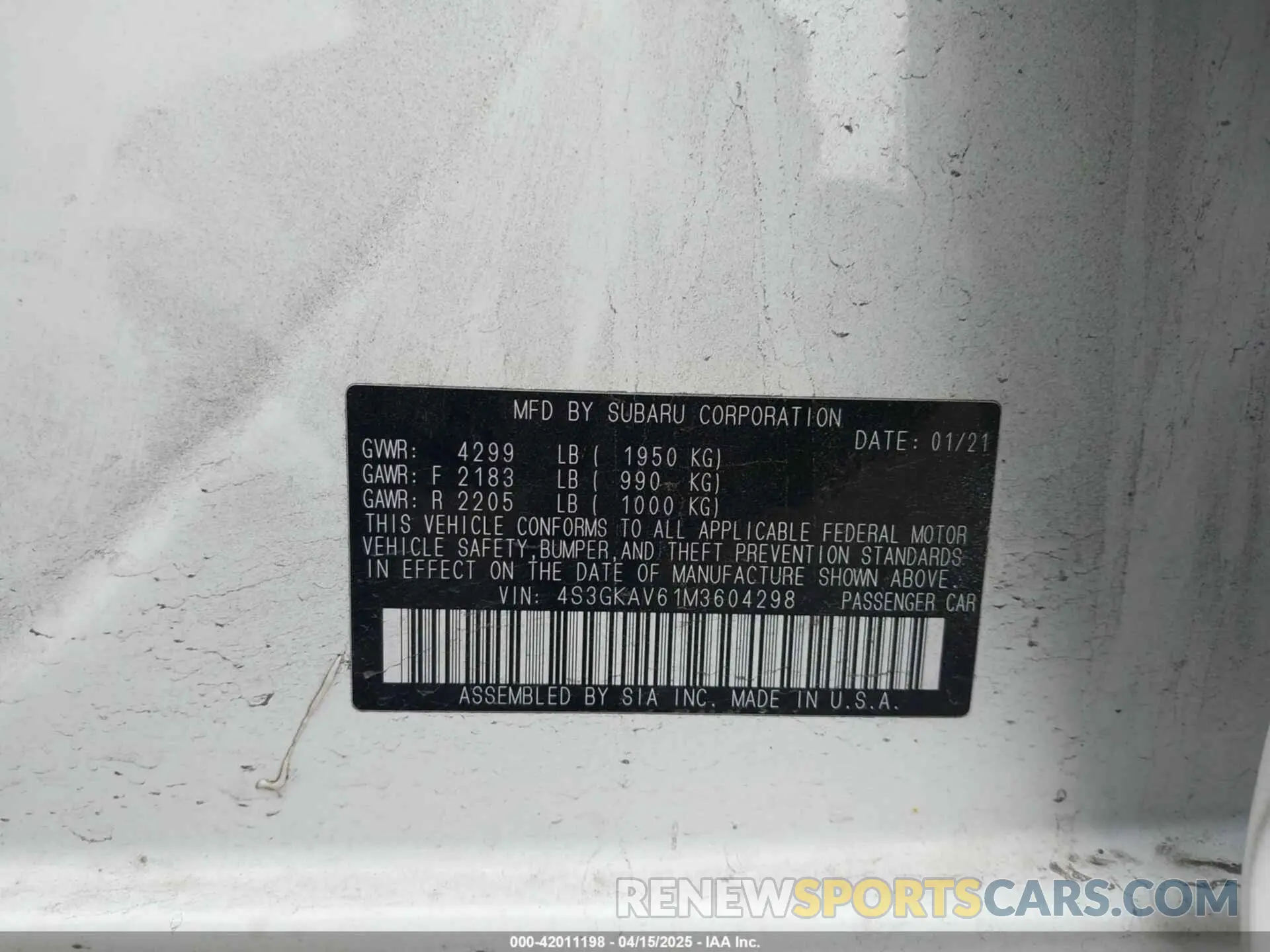 9 Photograph of a damaged car 4S3GKAV61M3604298 SUBARU IMPREZA 2021
