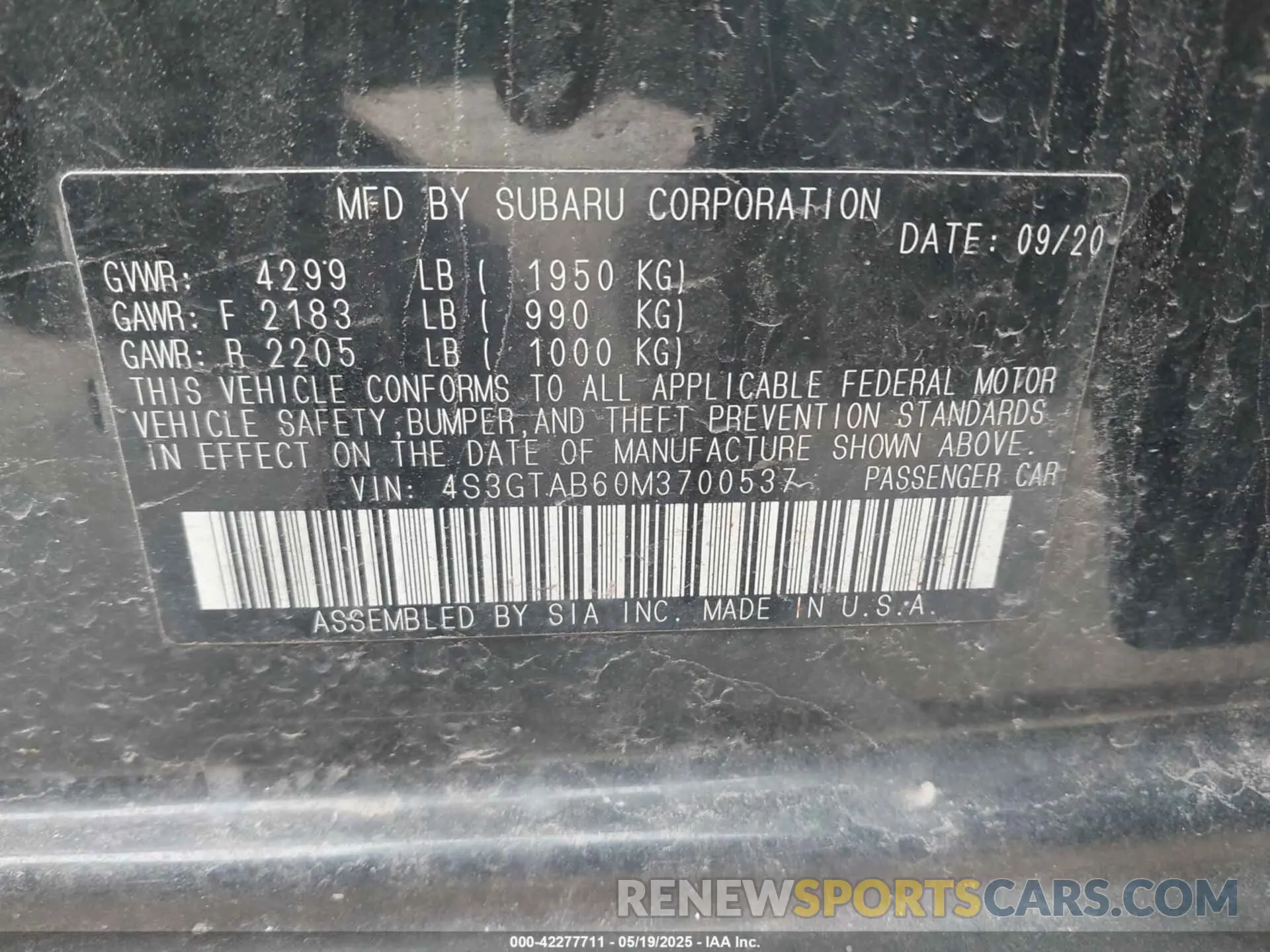 9 Photograph of a damaged car 4S3GTAB60M3700537 SUBARU IMPREZA 2021