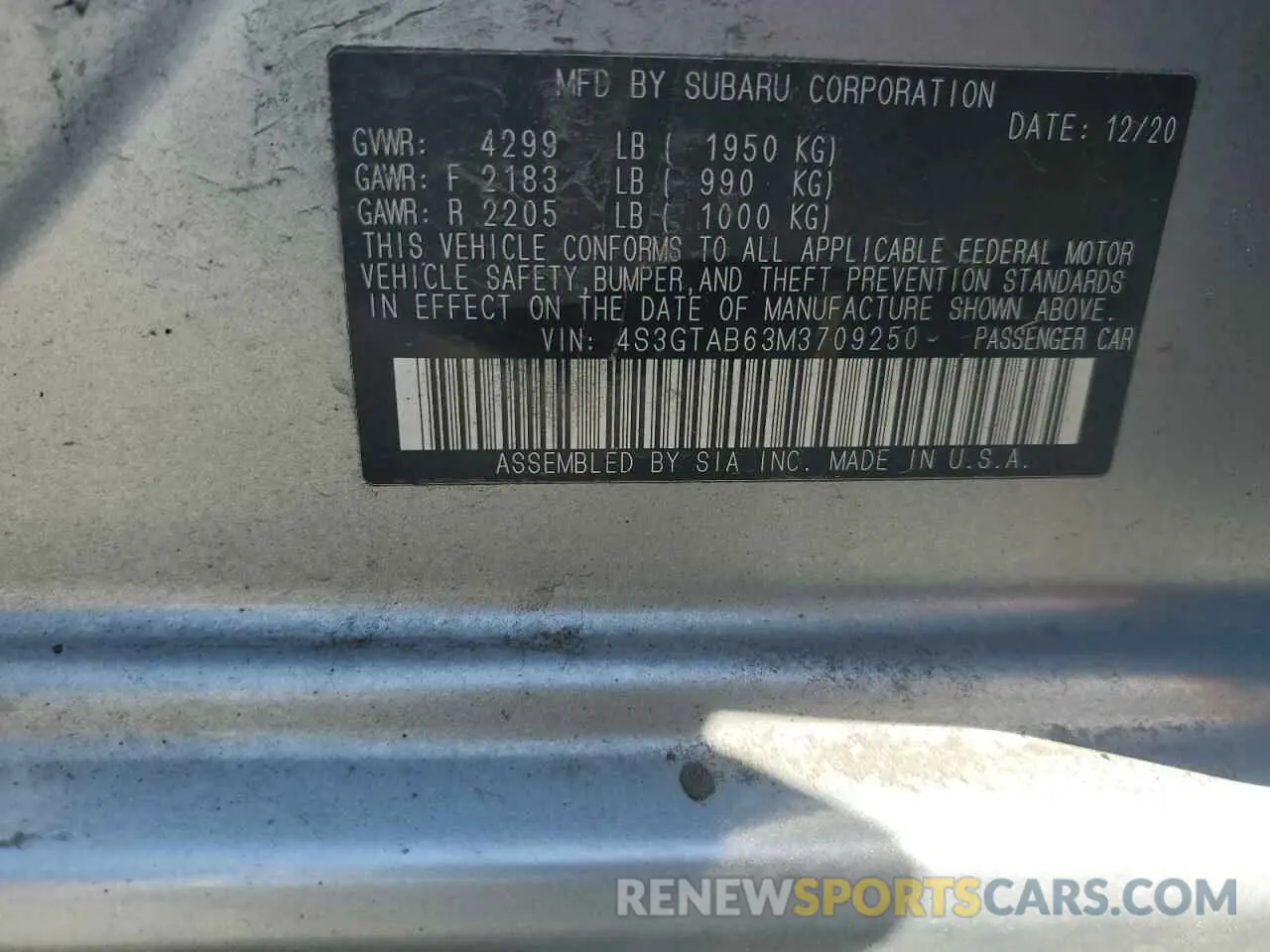 12 Photograph of a damaged car 4S3GTAB63M3709250 SUBARU IMPREZA 2021