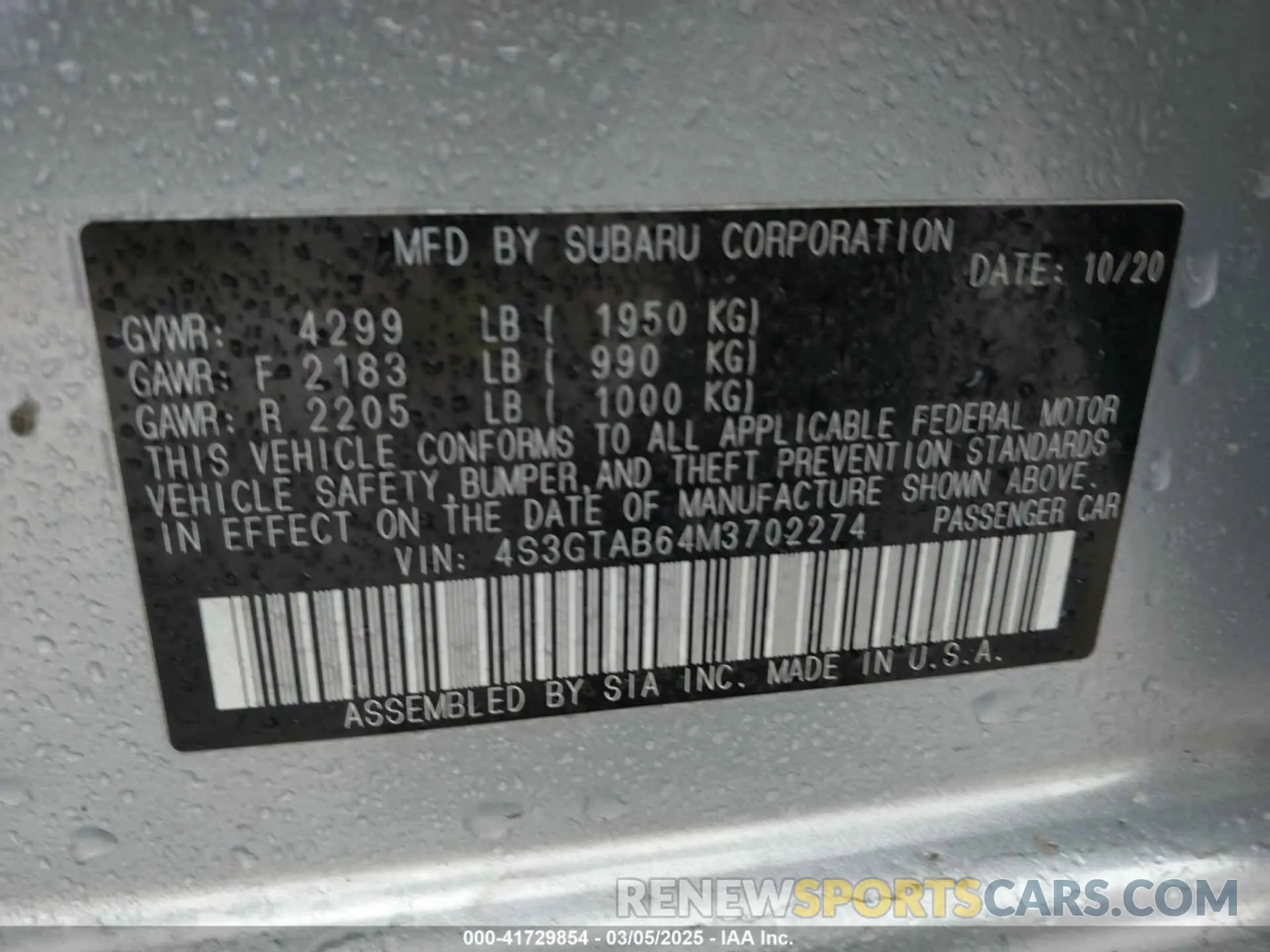 9 Photograph of a damaged car 4S3GTAB64M3702274 SUBARU IMPREZA 2021