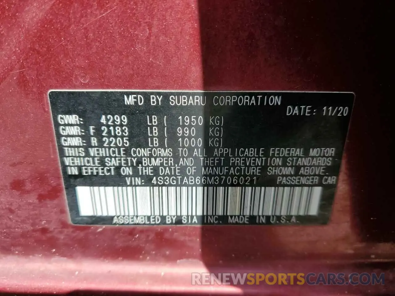 12 Photograph of a damaged car 4S3GTAB66M3706021 SUBARU IMPREZA 2021