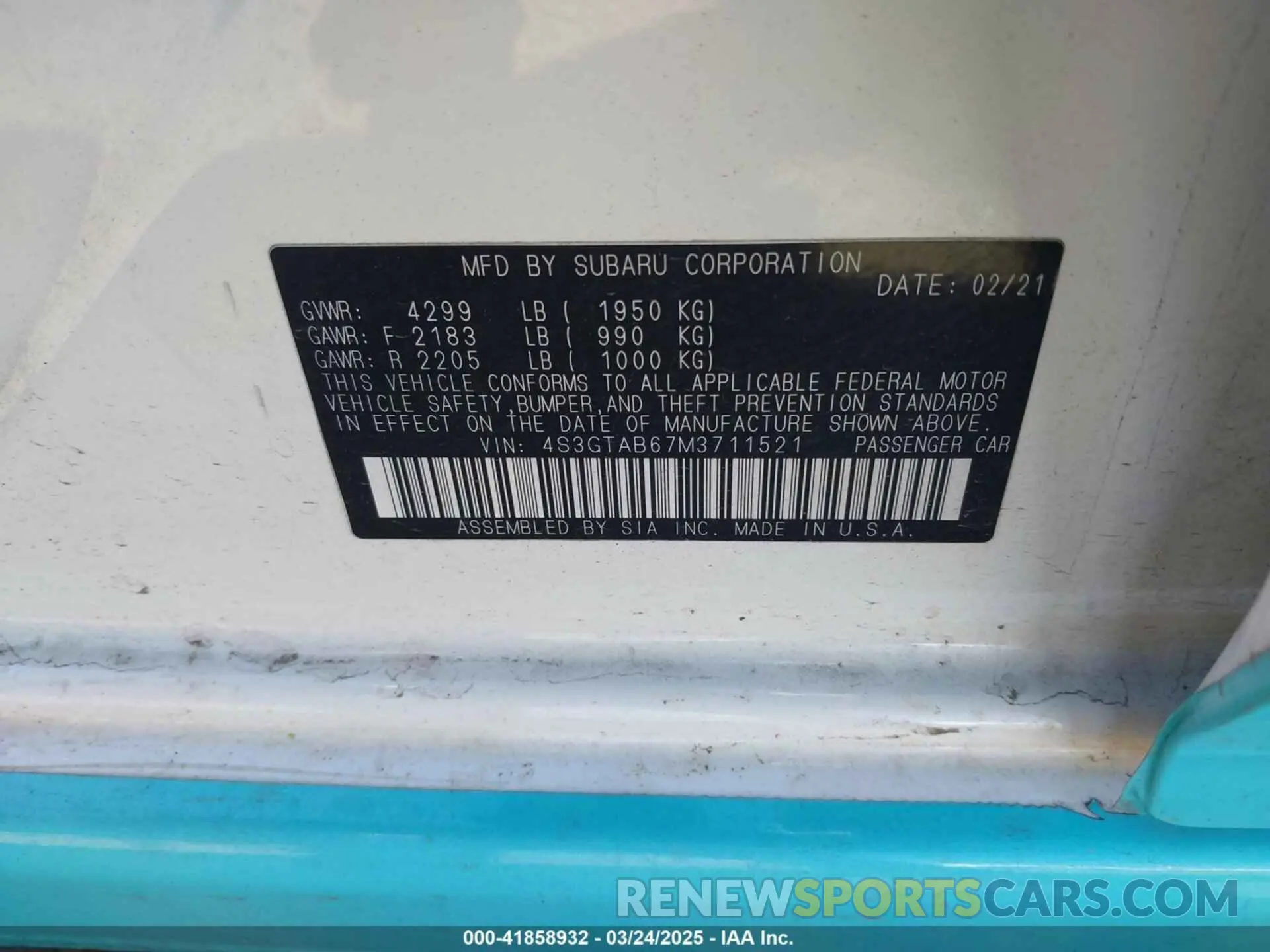 9 Photograph of a damaged car 4S3GTAB67M3711521 SUBARU IMPREZA 2021