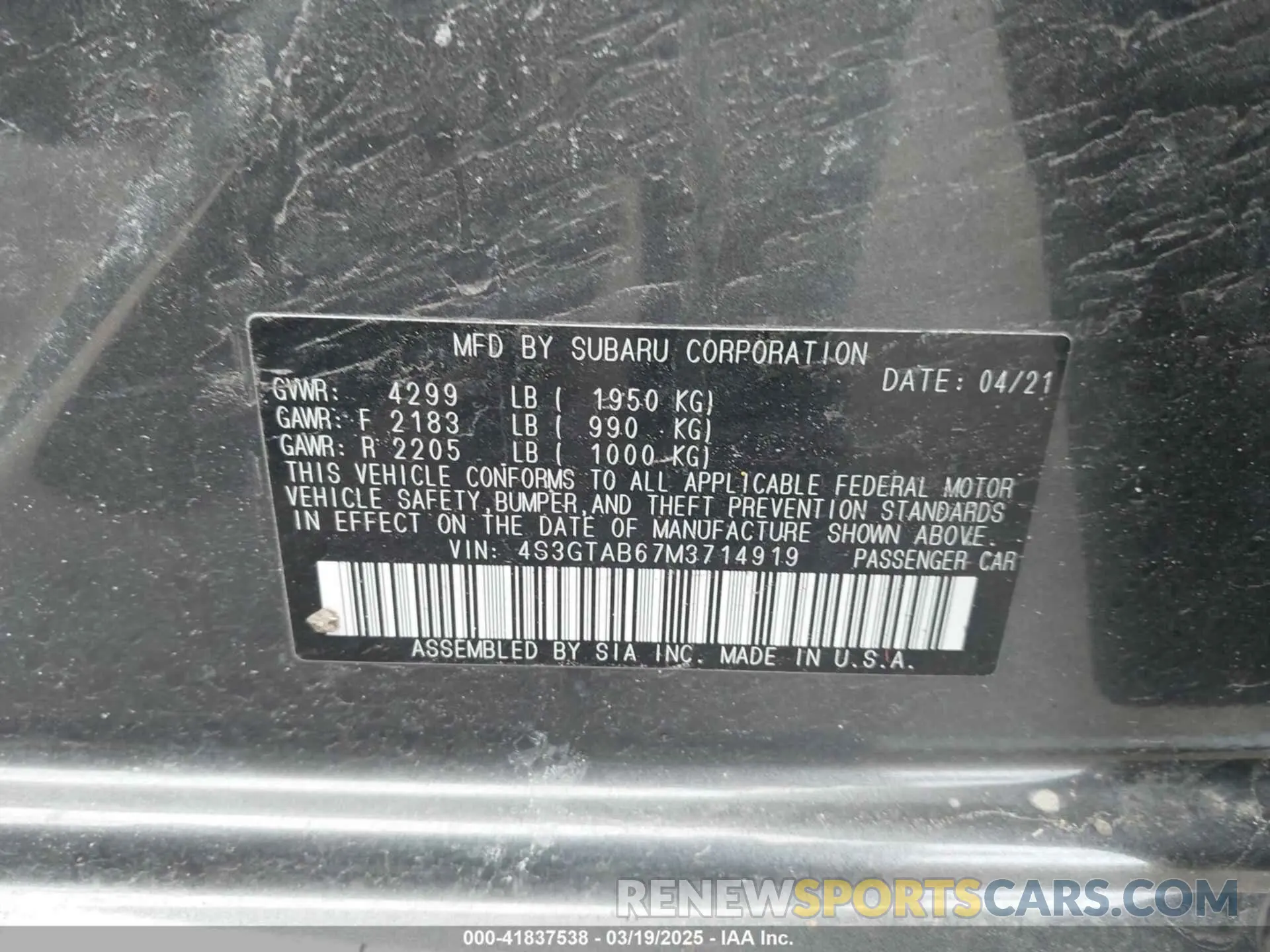 9 Photograph of a damaged car 4S3GTAB67M3714919 SUBARU IMPREZA 2021