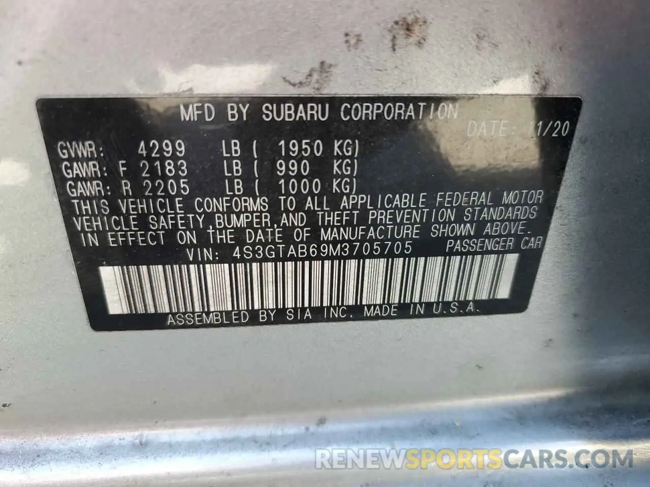 13 Photograph of a damaged car 4S3GTAB69M3705705 SUBARU IMPREZA 2021