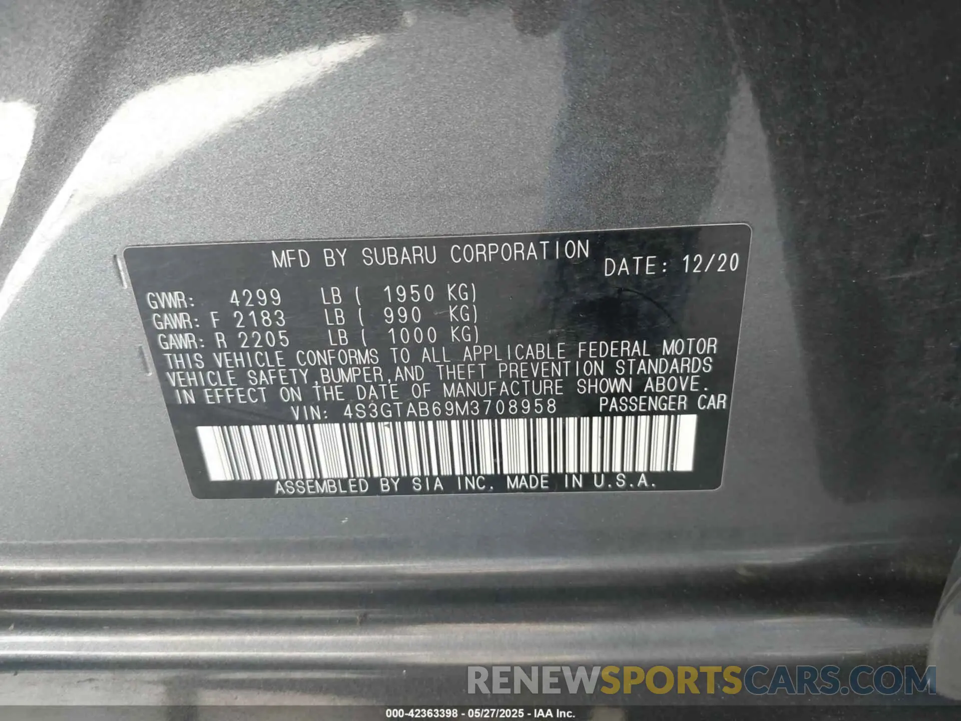 9 Photograph of a damaged car 4S3GTAB69M3708958 SUBARU IMPREZA 2021
