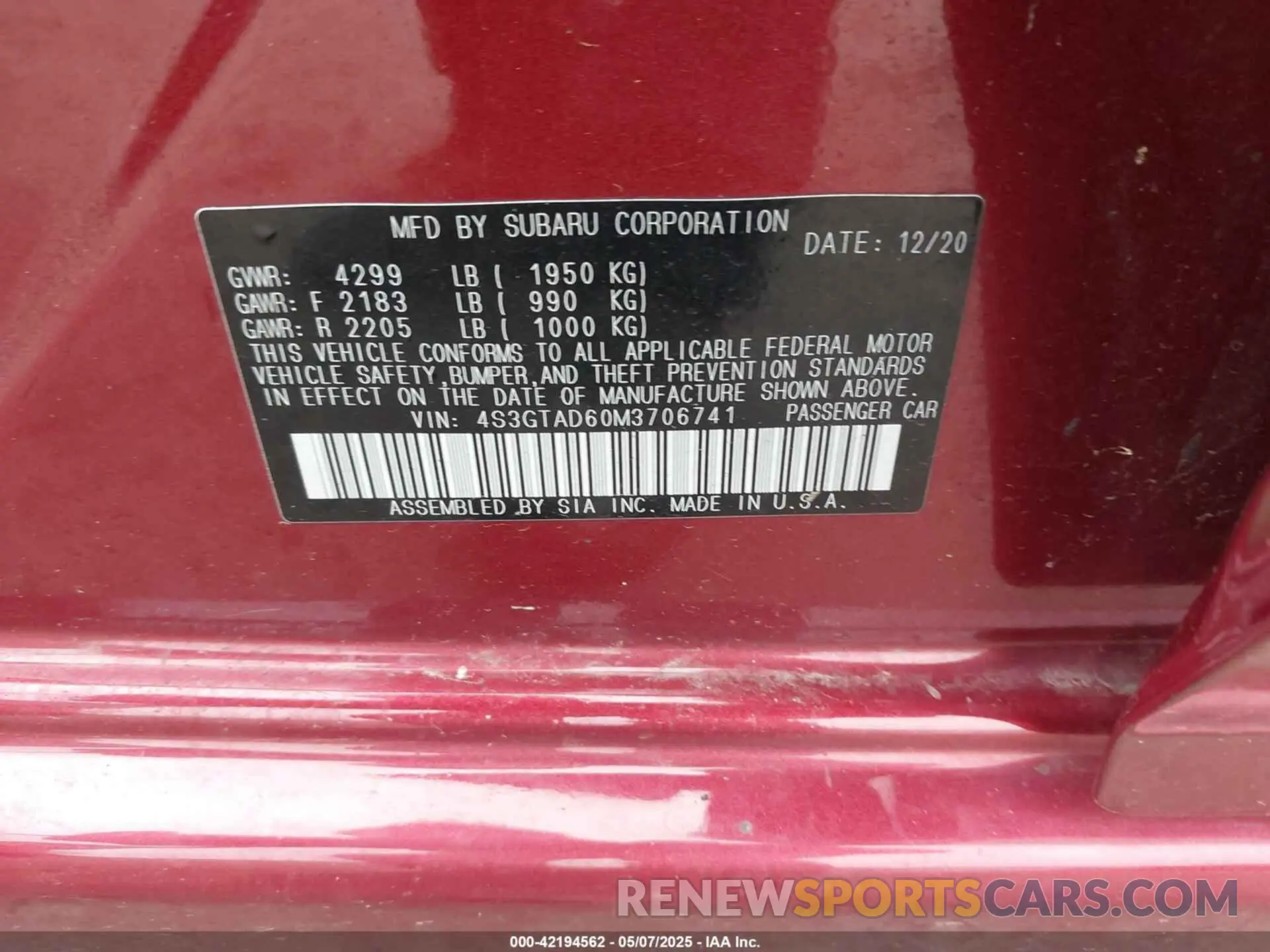 9 Photograph of a damaged car 4S3GTAD60M3706741 SUBARU IMPREZA 2021