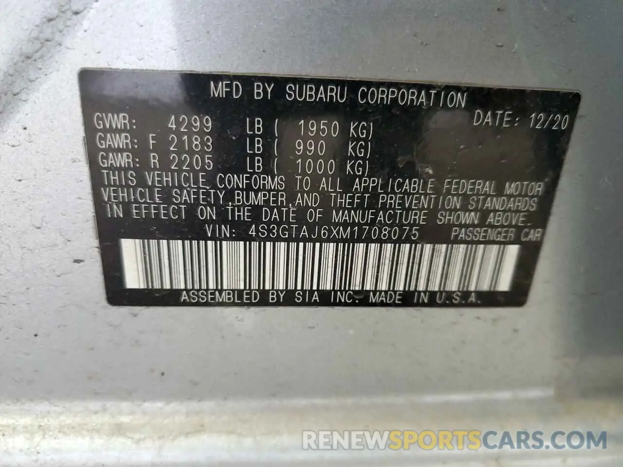 12 Photograph of a damaged car 4S3GTAJ6XM1708075 SUBARU IMPREZA 2021