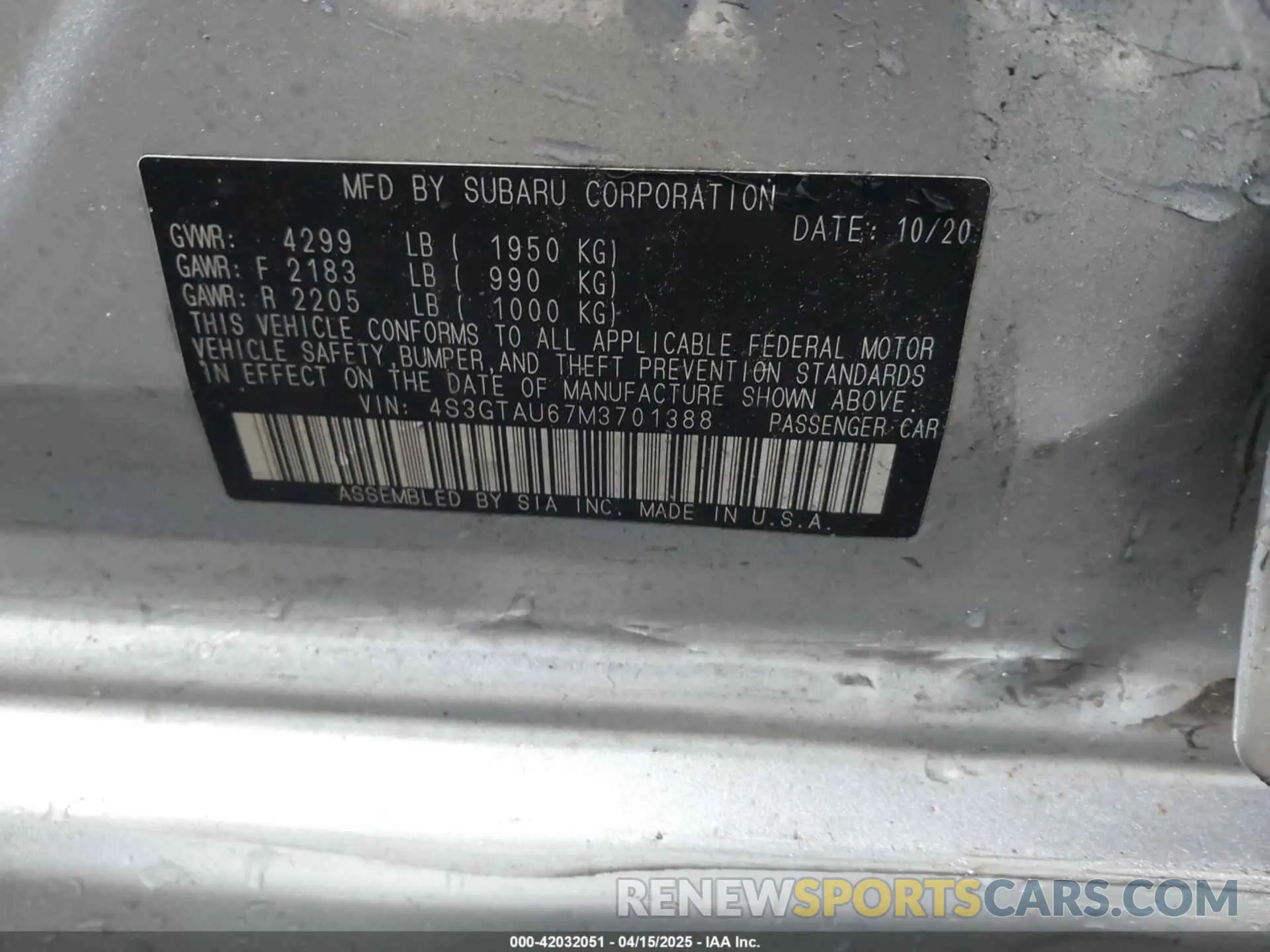 9 Photograph of a damaged car 4S3GTAU67M3701388 SUBARU IMPREZA 2021