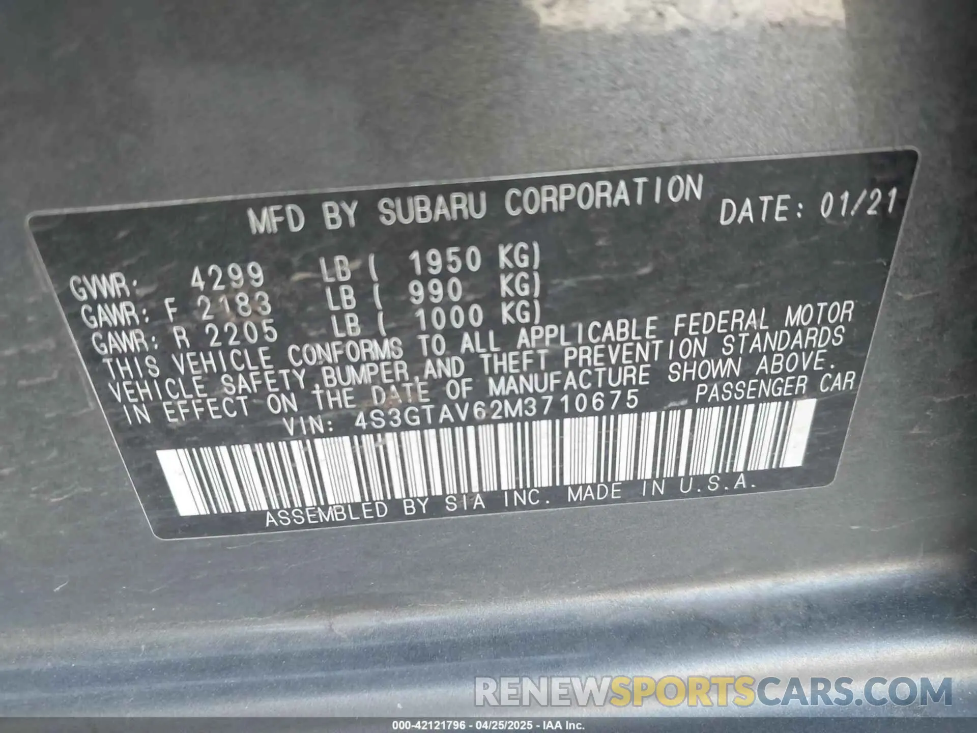 9 Photograph of a damaged car 4S3GTAV62M3710675 SUBARU IMPREZA 2021
