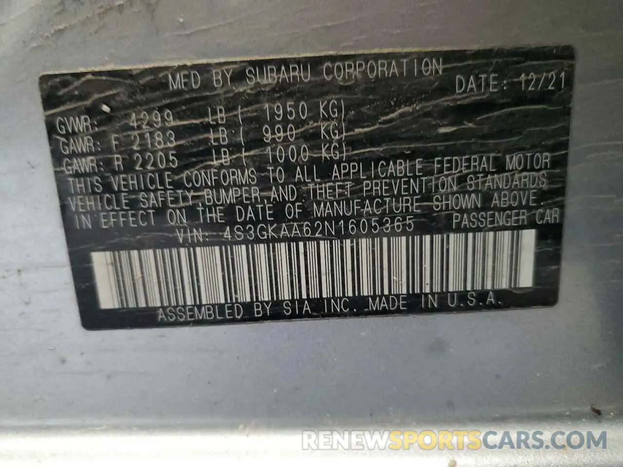 12 Photograph of a damaged car 4S3GKAA62N1605365 SUBARU IMPREZA 2022