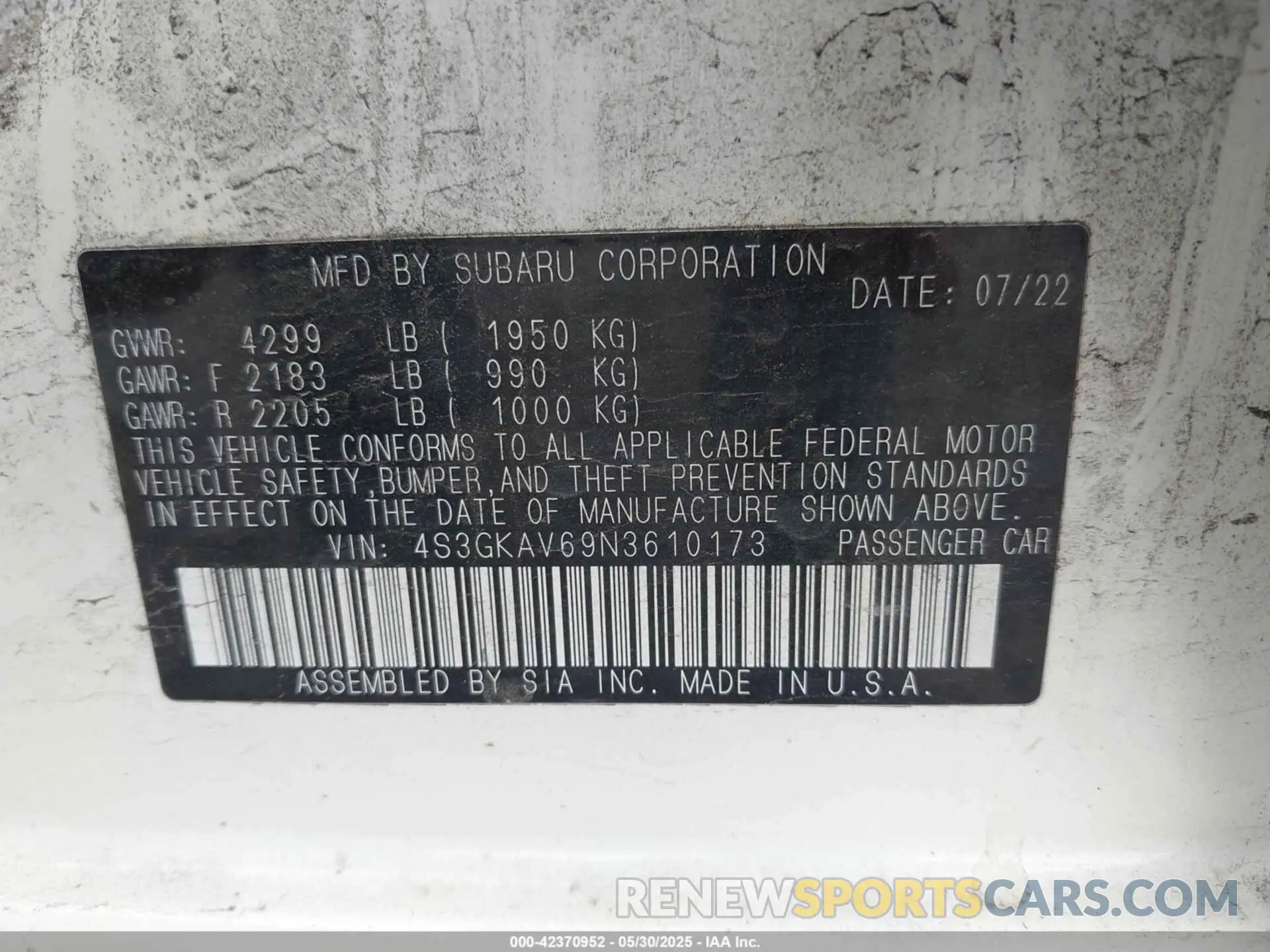 9 Photograph of a damaged car 4S3GKAV69N3610173 SUBARU IMPREZA 2022