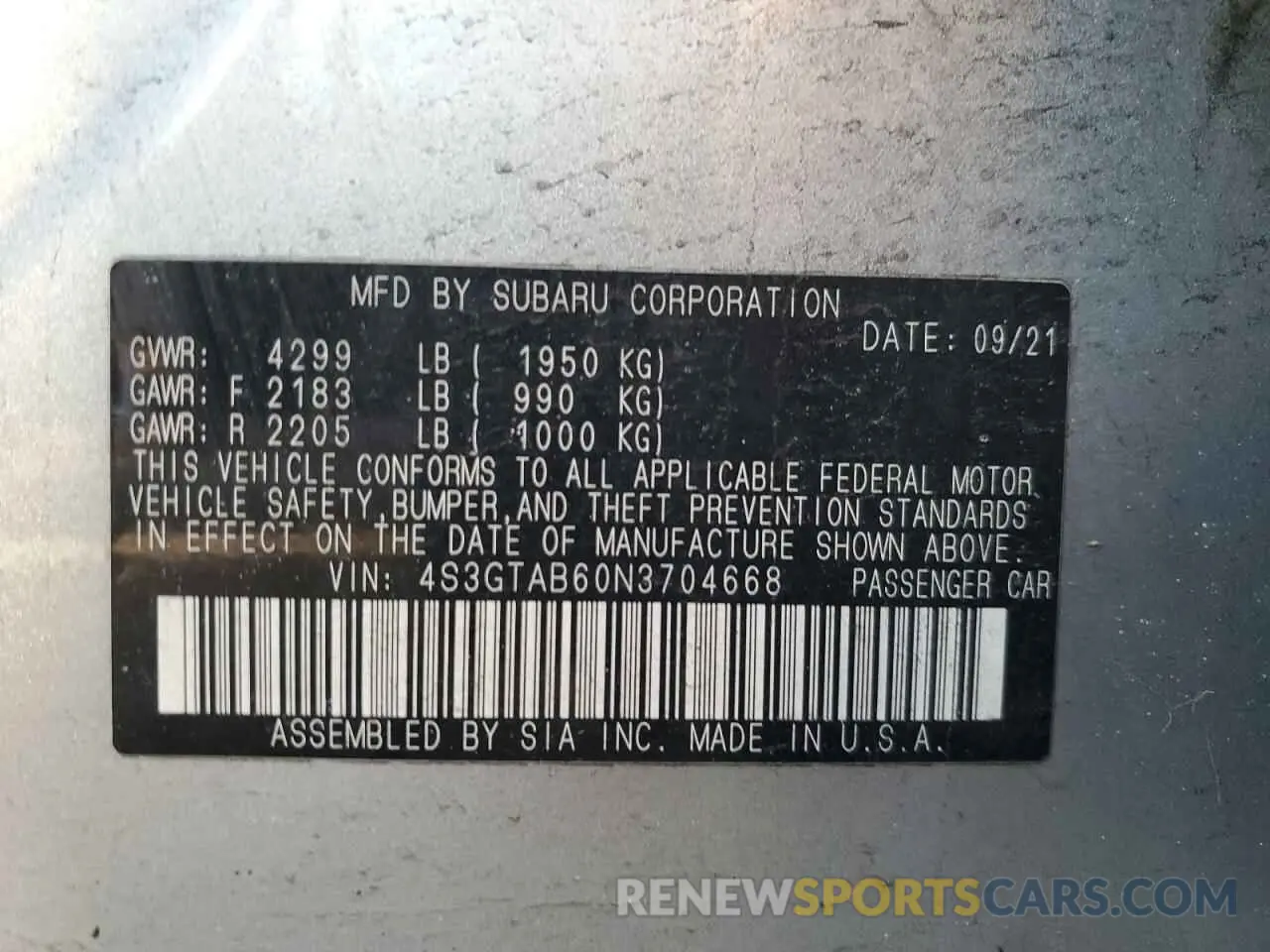 12 Photograph of a damaged car 4S3GTAB60N3704668 SUBARU IMPREZA 2022